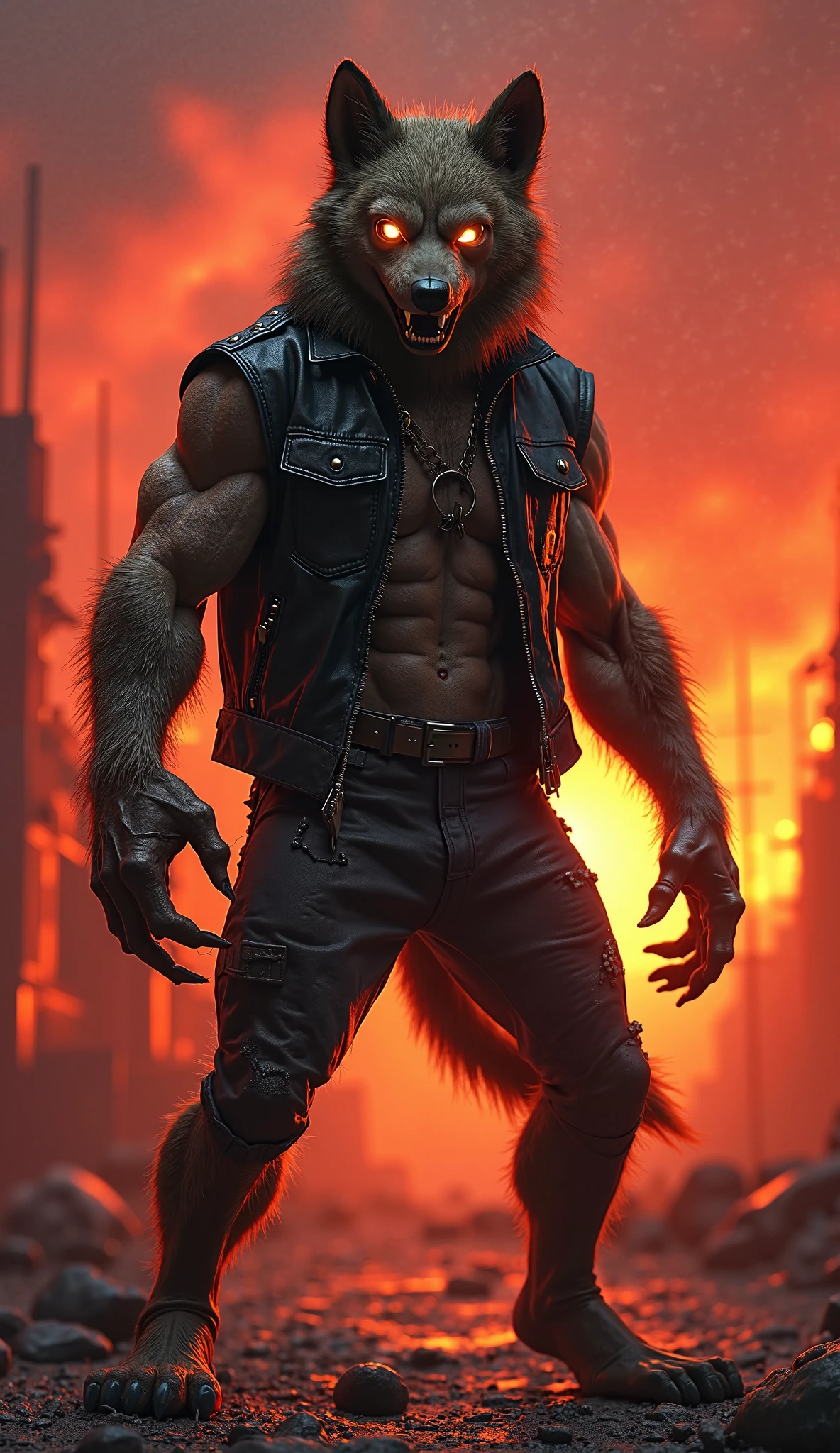 (Masterpiece, Superb Quality, Super Delicate, High Resolution) Werewolf, photo-realistic, octane render, unreal engine, ultra-realistic, Marvel comic's (((Werewolf by night))) (((wearing tattered pants))) (((on a City rooftop))), moon in the background, ultra-realistic, Masterpiece, octane render, unreal engine