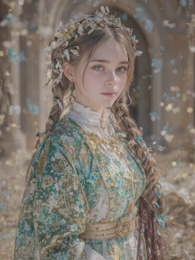 (work of art, maximum quality, best qualityer, offcial art, beautiful and aesthetic:1.2), (1 girl:1.3), (Fractal Art:1.3), card, tarot, hair green, twin braids, hair flower, (good lighting:1.1), ((high resolution)), Tarot card style