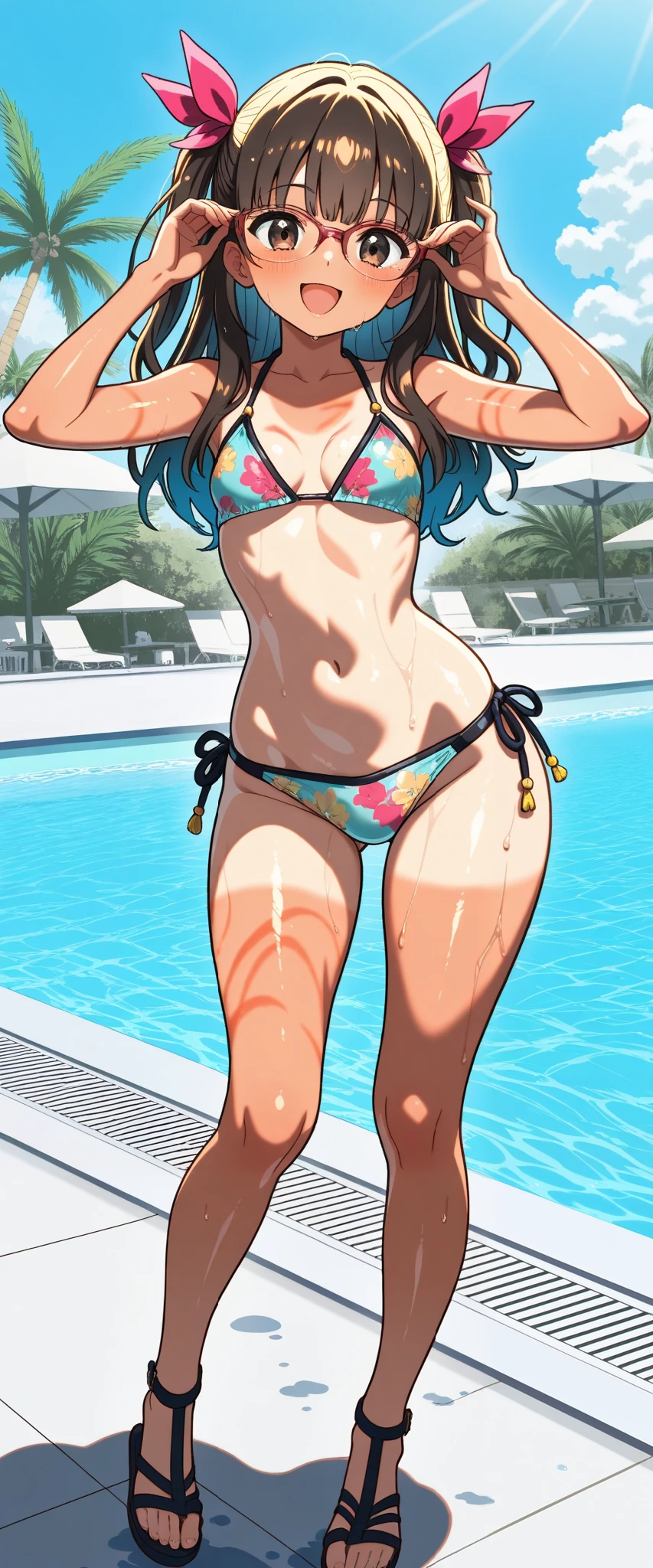 (Masterpiece),  top quality, , Perfect face, 1 girl,dawn,, small breasts, wide hips,  thin waist, (), Multi Colored Bikinis , sexy bikini , With ribbon,Patterned Swimsuit , salon, Heeled Sandals,  good_feet, blanking,smile,Swimsuit model, standing, feetを開いて, wet, wet body, was excited,I'm posing for the camera, beach resort , pool party , poolside, coming out of the pool , palm trees, cowboy shooting, sunburn marks,Glasses