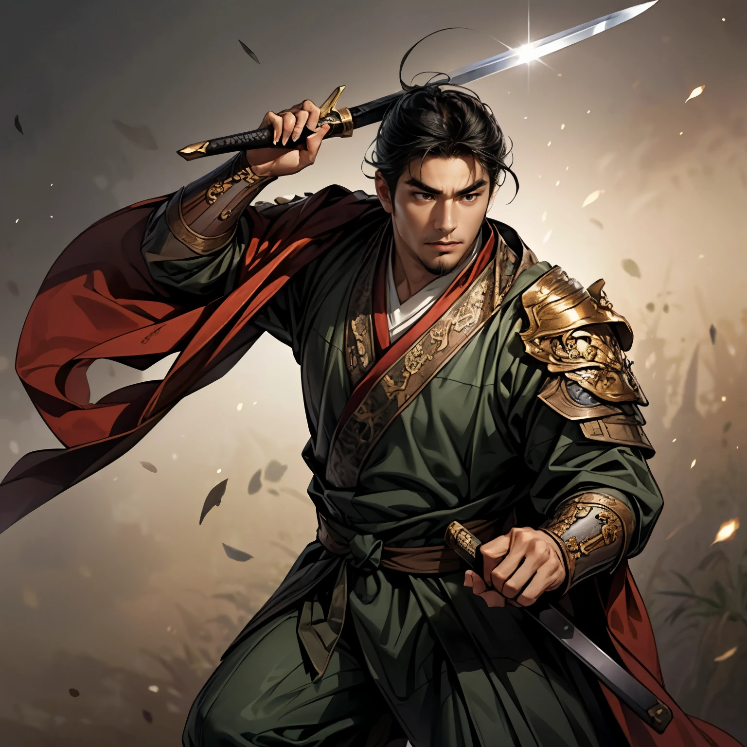 ((Create an image from head to knee)), Three Kingdoms illustration , male solo, charming man , beautiful face, perfect hand , ( black hair), Various facial expressions, various poses, Brilliant background , blurry background , Perfect Chinese Armor, Warrior in Armor , beard, ( Wind-Blown Cloak), (Warrior wielding a sword), ( I only have 1 sword ,A good man ), Perfect Eyes :1.1, Attractive brown eyes ,thin, sharp eyebrows), (( has an ancient Chinese sword :1.3, I only have 1 sword , long sword drawn in detail :1.3, Detailed drawn :1.1))