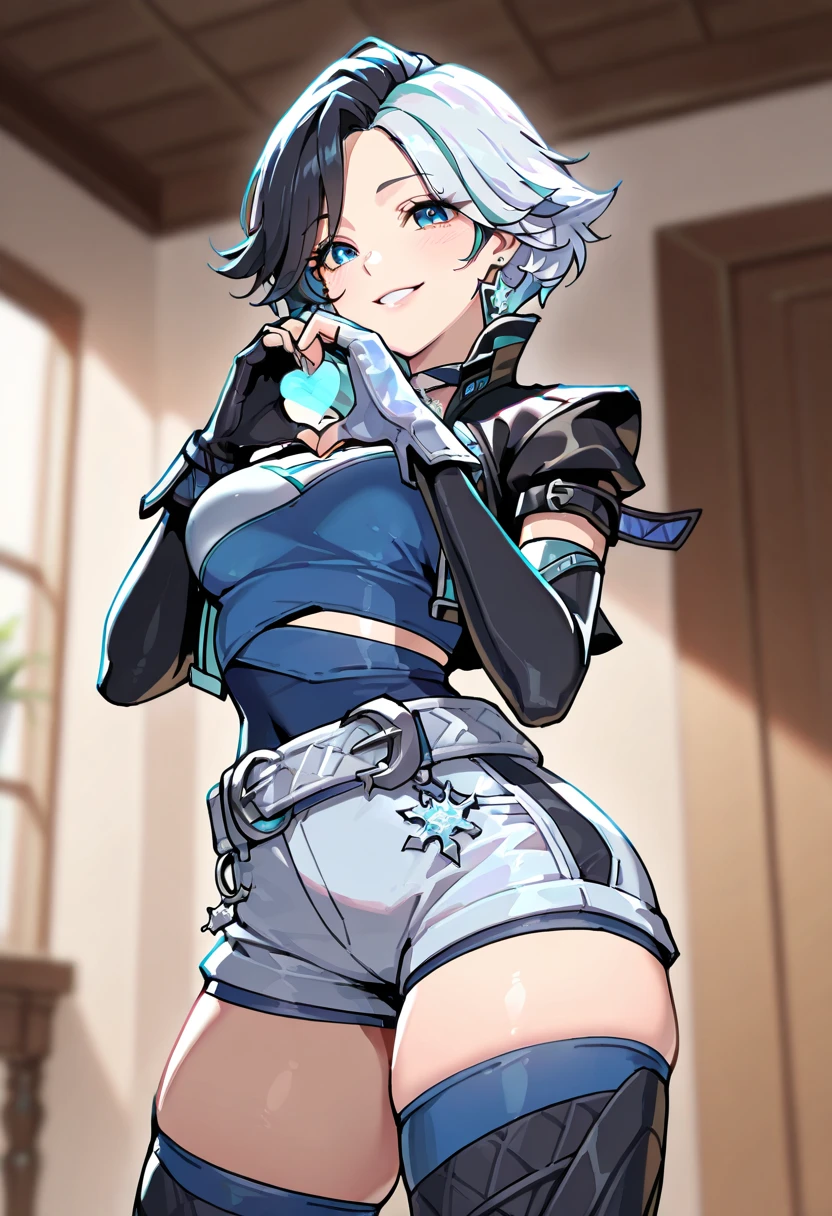 masterpiece, best quality,absurdres, ultra-detailed, high resolution,

luna_snow, 1girl, gloves, fingerless gloves, shorts, solo, cropped jacket, thighhighs, jacket, elbow gloves, belt, blue shirt, smile, single fingerless glove, black jacket, multicolored hair,