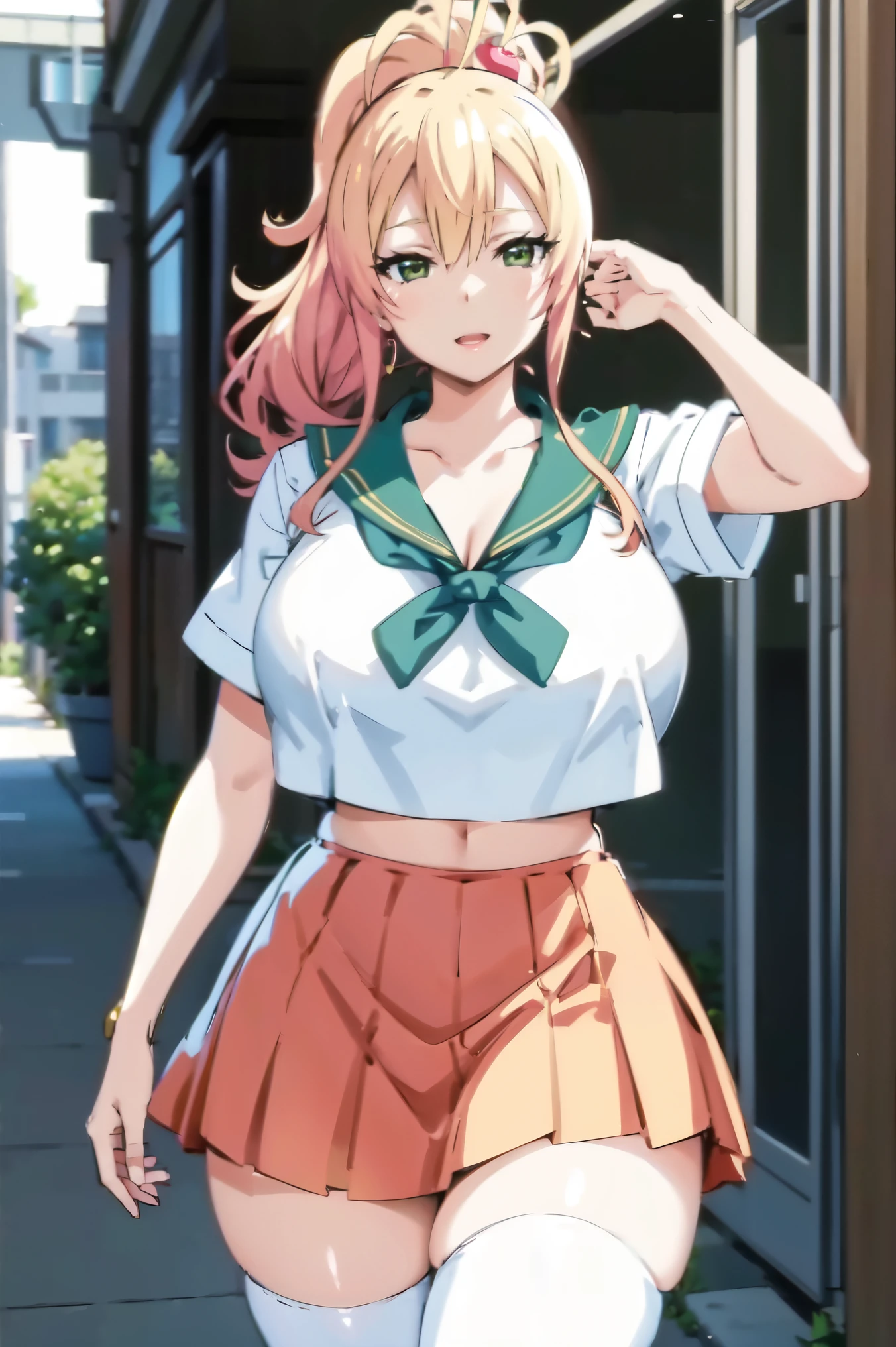 Blonde hair, very huge tits  ,(( sailor uniform)), thick, busty, green eyes,  ponytail hair, upperbody, smile, cleavage, short skirt