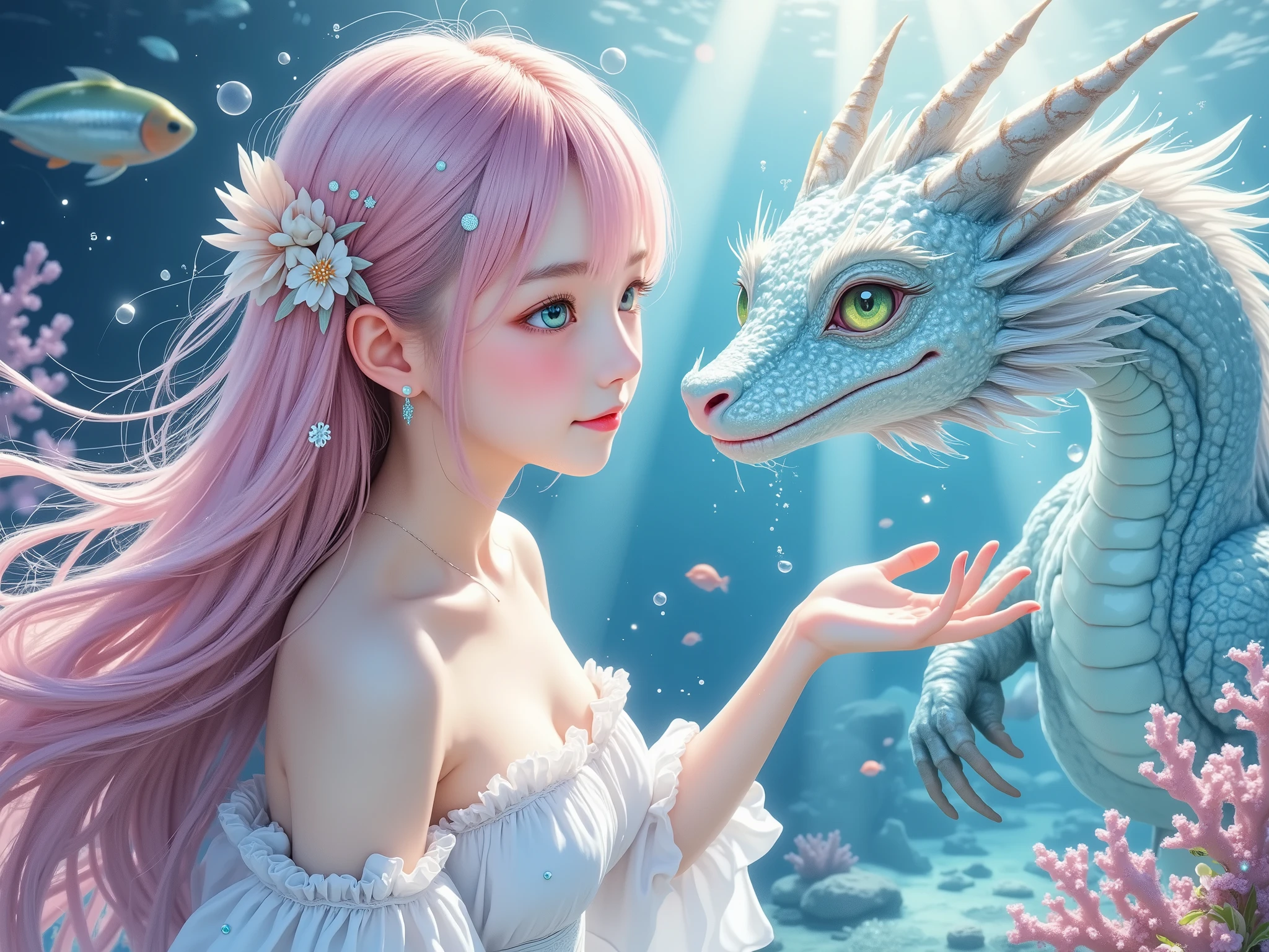 ultra-detailed, anime-style illustration, a beautiful pink-haired girl interacting with a water dragon, she has long flowing hair adorned with delicate ornaments/(her pink hair shines softly in the underwater light, flower and pearl-like accessories complement her look/), the girl wears a light, elegant white dress that clings gently to her form, a graceful pose with one hand extended toward the dragon/(fingers delicately outstretched, expressing curiosity and serenity/), her emerald-green eyes reflect the shimmering light of the water, a gentle smile on her face, the dragon is made entirely of water, semi-transparent, glowing slightly in aqua hues/(the dragon's form is dynamic, its water-like body swirling with droplets and mist, its eyes are bright and captivating, exuding intelligence and mystery/), the background is a mesmerizing underwater environment/(light rays streaming from the surface, creating a dreamlike glow, silhouettes of fish swimming gracefully, vibrant and soft colors of blues and greens blending seamlessly/), bubbles floating around, faint coral shapes in the distance, serene and magical atmosphere, high-quality rendering, cinematic lighting, high-resolution 8k textures, intricate details in water reflections and textures, masterpiece quality, dynamic composition with a balanced focus on the girl and dragon.