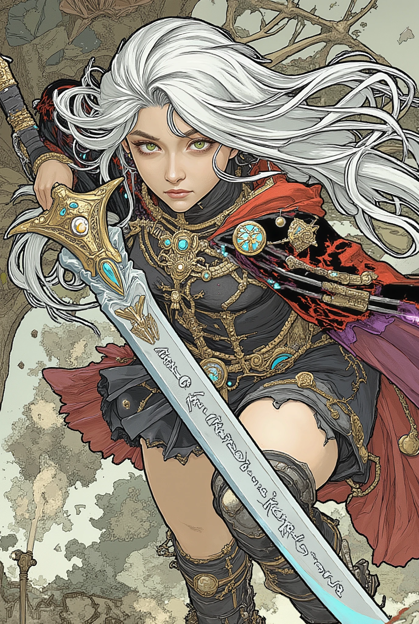 ultra-detailed anime-style illustration, dynamic battle pose of a powerful white-haired female warrior, she has long flowing silver hair/(her hair moves wildly as if caught in the wind or battle momentum, highly detailed with individual strands highlighted/), she wields a massive and intricately designed sword/(the blade glows faintly with magical inscriptions and reflects light dramatically, sharp and imposing/), her piercing green eyes exude determination and intensity, her expression is fierce and confident, her outfit is a blend of gothic and military styles/(a black and red jacket with ornate gold trims, a short skirt, thigh-high boots, and intricate accessories such as chains and emblems/), her flowing cape has a bold red and black pattern with inner purple details, dynamic composition with her sword slashing diagonally, background hints of a shattered battlefield/(abstract patterns and shards of broken architecture, faint magical energy radiating in the air/), cel-shaded style with sharp contrasts, bold linework, vibrant colors, high-quality rendering, cinematic lighting, 8k resolution, anime masterpiece aesthetic, high-intensity action scene, dramatic energy and movement.