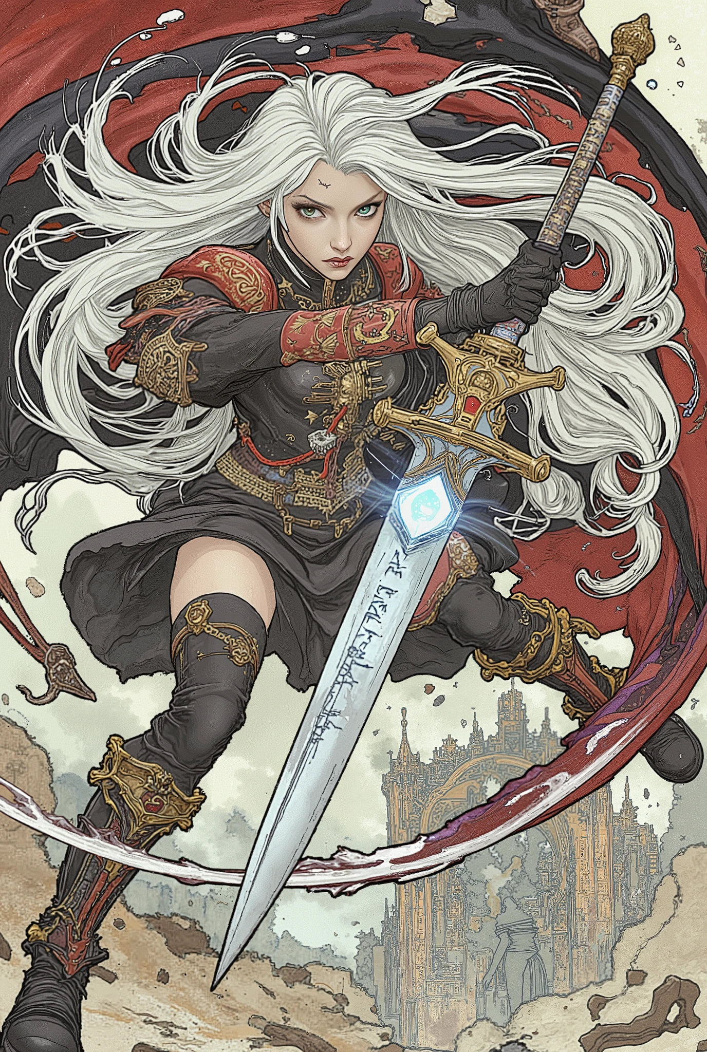 ultra-detailed anime-style illustration, dynamic battle pose of a powerful white-haired female warrior, she has long flowing silver hair/(her hair moves wildly as if caught in the wind or battle momentum, highly detailed with individual strands highlighted/), she wields a massive and intricately designed sword/(the blade glows faintly with magical inscriptions and reflects light dramatically, sharp and imposing/), her piercing green eyes exude determination and intensity, her expression is fierce and confident, her outfit is a blend of gothic and military styles/(a black and red jacket with ornate gold trims, a short skirt, thigh-high boots, and intricate accessories such as chains and emblems/), her flowing cape has a bold red and black pattern with inner purple details, dynamic composition with her sword slashing diagonally, background hints of a shattered battlefield/(abstract patterns and shards of broken architecture, faint magical energy radiating in the air/), cel-shaded style with sharp contrasts, bold linework, vibrant colors, high-quality rendering, cinematic lighting, 8k resolution, anime masterpiece aesthetic, high-intensity action scene, dramatic energy and movement.