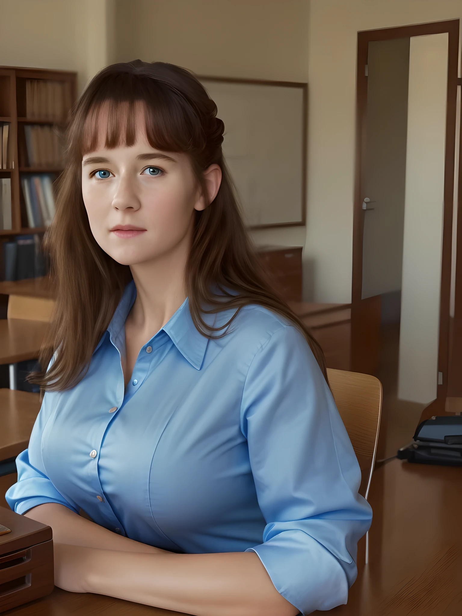 (best quality,4k,8k,highres,masterpiece:1.2),(ultra-detailed,photorealistic,photo-realistic:1.37), (((Clare))), ((teacher at desk wearing shirt)), ((very large bust size for her young age))