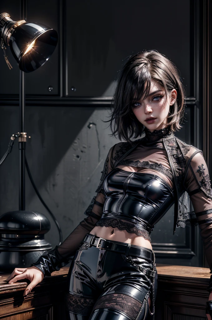 Gothic Punk、Goth Fashion,Tight mini skirt、Fine skin、Realistic textured hair、19th century London streetscape, Complex clothing, Looking up from the feet,You can see her lingerie under her skirt