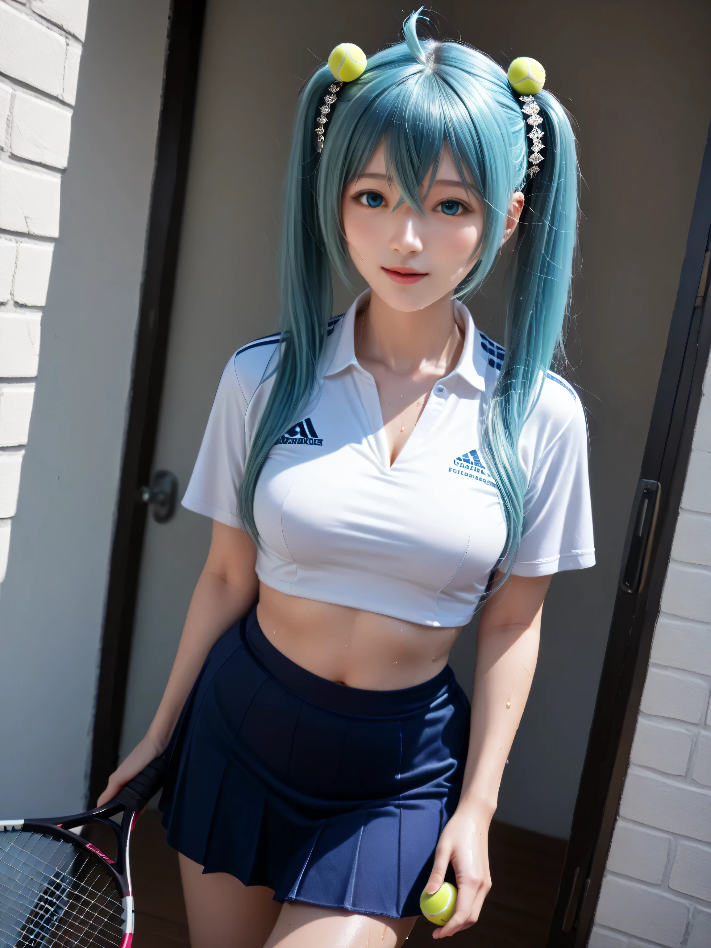 score_9, score_8_up, score_7_up, source_photo, realistic, photo, (((masterpiece, best quality))), ((((best quality, realistic, photo-realistic)))), ((((photorealistic)))), looking at viewer, (((((19 years old))))), 1girl, (((((solo))))), mikuhatsune, miku hatsune, ahoge, ((((aqua eyes)))), ((((aqua hair)))), (((crossed bangs))), ((hair between eyes)), (((hair ornament))), headphones, long hair, ((((twintails)))), ((((black skirt)))), ((((pleated skirt)))), skirt, ((((mature female)))), ((((depth of field)))), blurry background, Detailed face, ((((medium breasts)))), big breasts, ((solo)), busty, ((1girl)), beautiful breasts, beautiful ass, shiny skin, ((((sharp focus)))), perfect hands, ((((oudoors)))), ((((tennis court)))), ((((simple background)))), dutch angle, cowboy shot, ((((dynamic angle)))), cute face, excited, (pretty sister), ((pretty)), ((ultra-detailed)), ((an extremely delicate and beautiful)), Beautiful eyes, (((big eyes:1.5))), (((sensual vibe))), ((((feeling pleasure)))), ((((ideal body)))), ((((energetic)))), ((perfect fingers)), (((realistic:1.4))), (((((sexy pose))))), (((((seductive pose))))), (((((tennis uniform))))), (((((tennis racket))))), (((((tennis ball))))), (((((sportswear))))), tennis, holding racket, (((((two-tone skirt))))), tennis net, (((((two-tone shirt))))), (((((tennis skirt))))), tennis dress, (((((crop top overhang))))), (((((holding tennis racket))))), ball, open mouth, (((((sweat))))), steam, blue sky, clouds, sun, cleavage, navel,