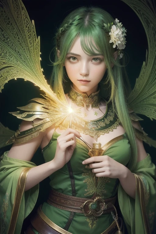 "The Leaf Fairy is a mystical creature with a deep connection to nature and the wind. She has short, flowing green hair, delicate wings resembling leaves and flowers, and eyes that radiate the life force of nature. She appears to be in her early twenties, but her actual age is unknown. She wears modest, plant-based clothing that emphasizes her close connection to the earth. Staring directly at the viewer, her hair is short, and her expression depicts a bright, broad smile. New Leaf Fairies emerge from the ancient trees and fertile earth of lush forests, continuing the cycle of life in harmony with the natural world."