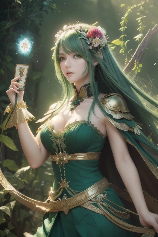 ( Absurdly , high quality , Very detailed,View Photographer)、(((Dark Green Hair,Hair Access)))、Queen of the Divine Beast Kirin、The green dress and armor of the divine beast Kirin are beautifully detailed、Green costume modeled after the divine beast Kirin、(((The four horns of the divine beast Kirin)))、Scale pattern short boots、Earrings、Gloves、((Tattoo))、Queen of Queens、(masterpiece, 最high quality, 最high quality, Official Art, Beauty and aesthetics: 1.2), (One person: 1.3)、(((A majestic, beautiful and fantastic natural background)))
