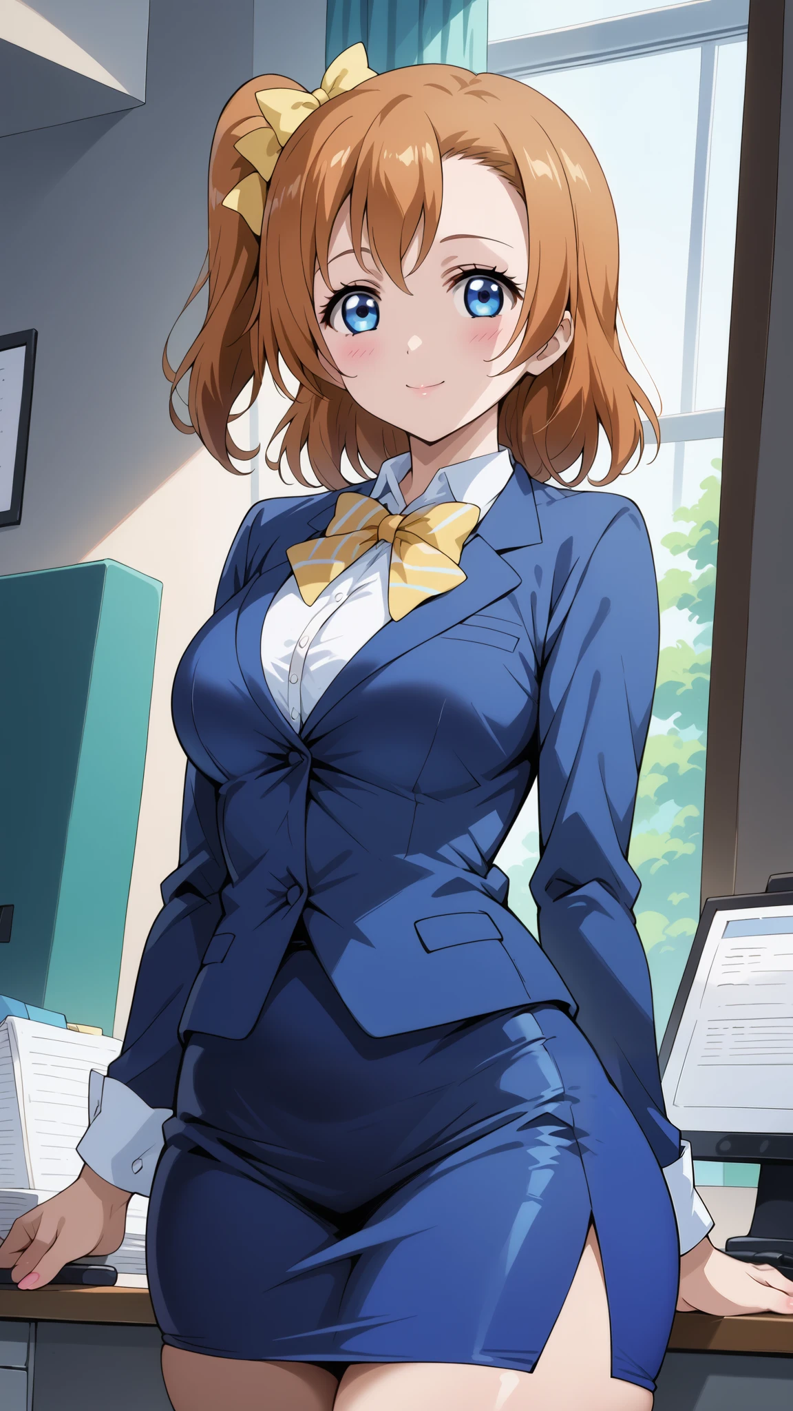 score_9, score_8_up, score_7_up, source_anime, 4K,perfect fingers,(perfect hands, perfect anatomy),prefect lighting, very aesthetic, intricate details,highly detailed background, masterpiece, high quality, best quality,
1 girl,solo,honoka kousaka, blue eyes, brown hair, hair bow, orange hair, one side up, short hair, yellow bow, mature female,large breast,,
wearing (office lady,chiffon blouse,pencil skirt ),
female focus, looking at viewer, wide hips,