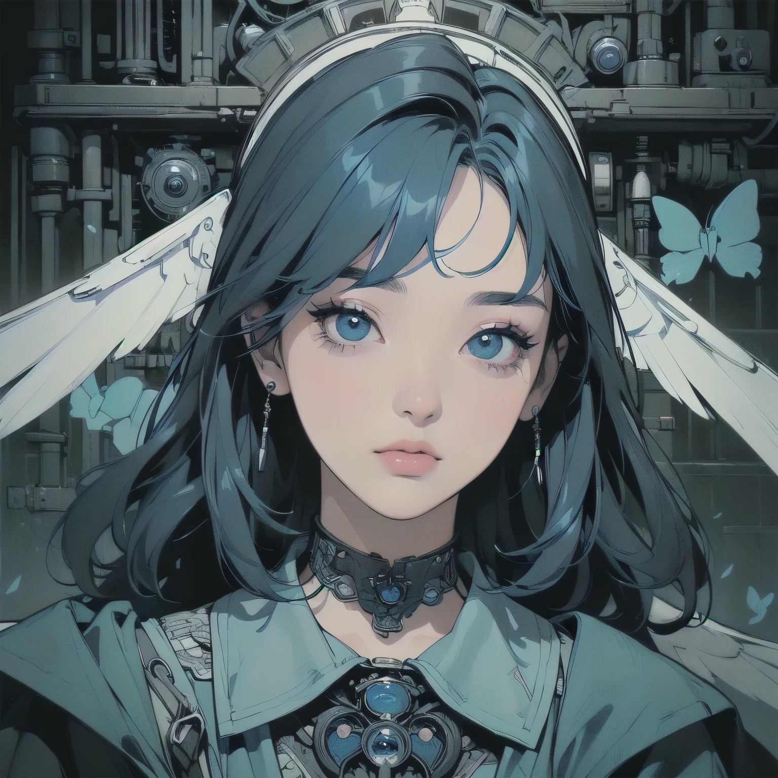 (((masterpiece, top quality )))、(((32K Wallpapers)))、 A woman with mechanical wings、 Perfect face、 Detailed Hair 、 upper body close-up 、Lots of blue flowers、Gorgeous light leaks、 short hair、((( blackい布のローブ)))、Grim Reaper 、((( Detailed and Intricate Futuristic Machine Wings )))、 mysterious in another dimension、((( very pretty face )))、(((bandage)))、 cable、Detailed Shadow Details 、(((black)))、(((Mr.々 pose with a good arrangement)))、(((Blue hair color)))