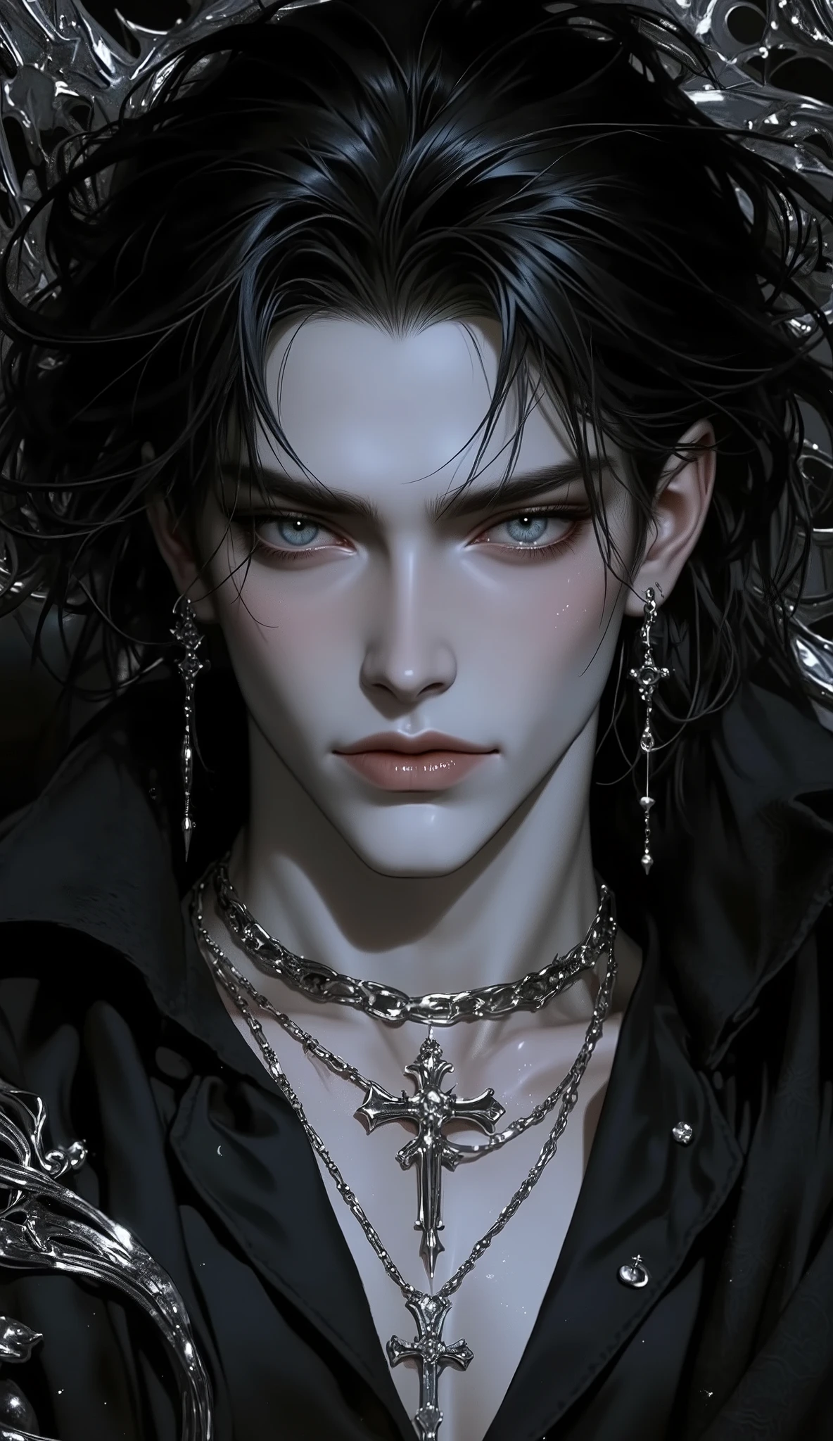( masterpiece:1.9, perfect details :1.9, High quality, 8k wallpaper, good complete anatomy:1.9, Perfect face:1.9), (1 man, A handsome man with pale skin ), (Dirty and disheveled moths-black, daring long hair , glowing bright gray eyes , mystical and ominous gaze ), ( without body clothes ), ( is lying on a majestic dark bed , radiating a high-status aura ), ( Calm and confident expression , piercing look , directed directly at the viewer , creates tension and mystery ), ( high contrast , Elegant style , sharp features , semi-realistic ).. Silver cross neck chain , cross ear piercing