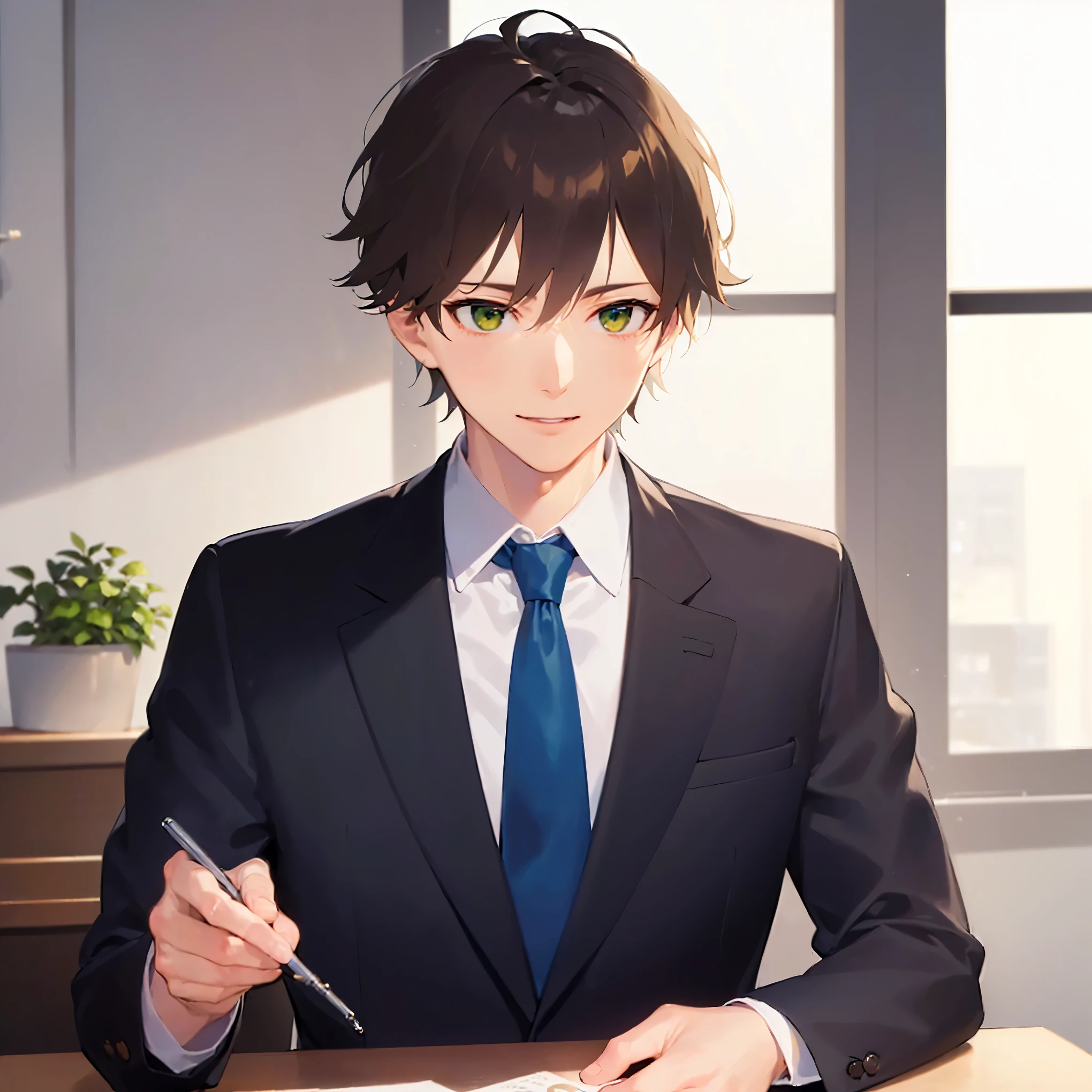 (looking away:1.5),Taking notes、upper body、shiny skin, masterpiece、highest quality、(25-year-old male:1.5) and (Black short hair) and (blue eyes), (Wearing a suit:1.5) and (Blue tie)、Sitting、smile, The background is the office、alone、