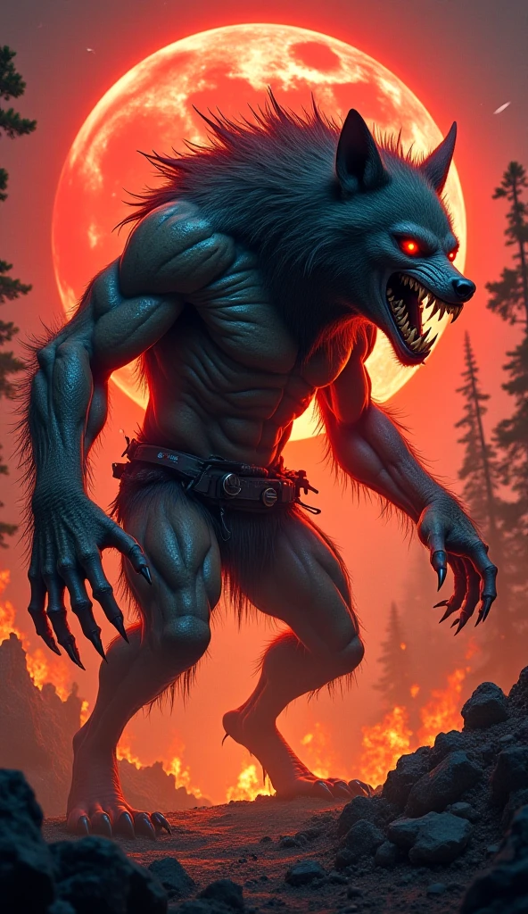 Create a monstrous hybrid creature combining features of the American person and the wolf into a single, fearsome entity. The hybrid has a muscular humanoid body covered in coarse wolf-like fur, clawed hands, digitigrade legs, and a snarling wolf-like face with glowing red eyes and sharp fangs. It retains some human traits, such as tattered remnants of the survival gear and a partially human posture, blending seamlessly into its animalistic form. The background is a fiery, apocalyptic wilderness with burning trees, jagged rocks, and a blood-red moon casting an ominous glow, matching the creature’s terrifying and dangerous presence."