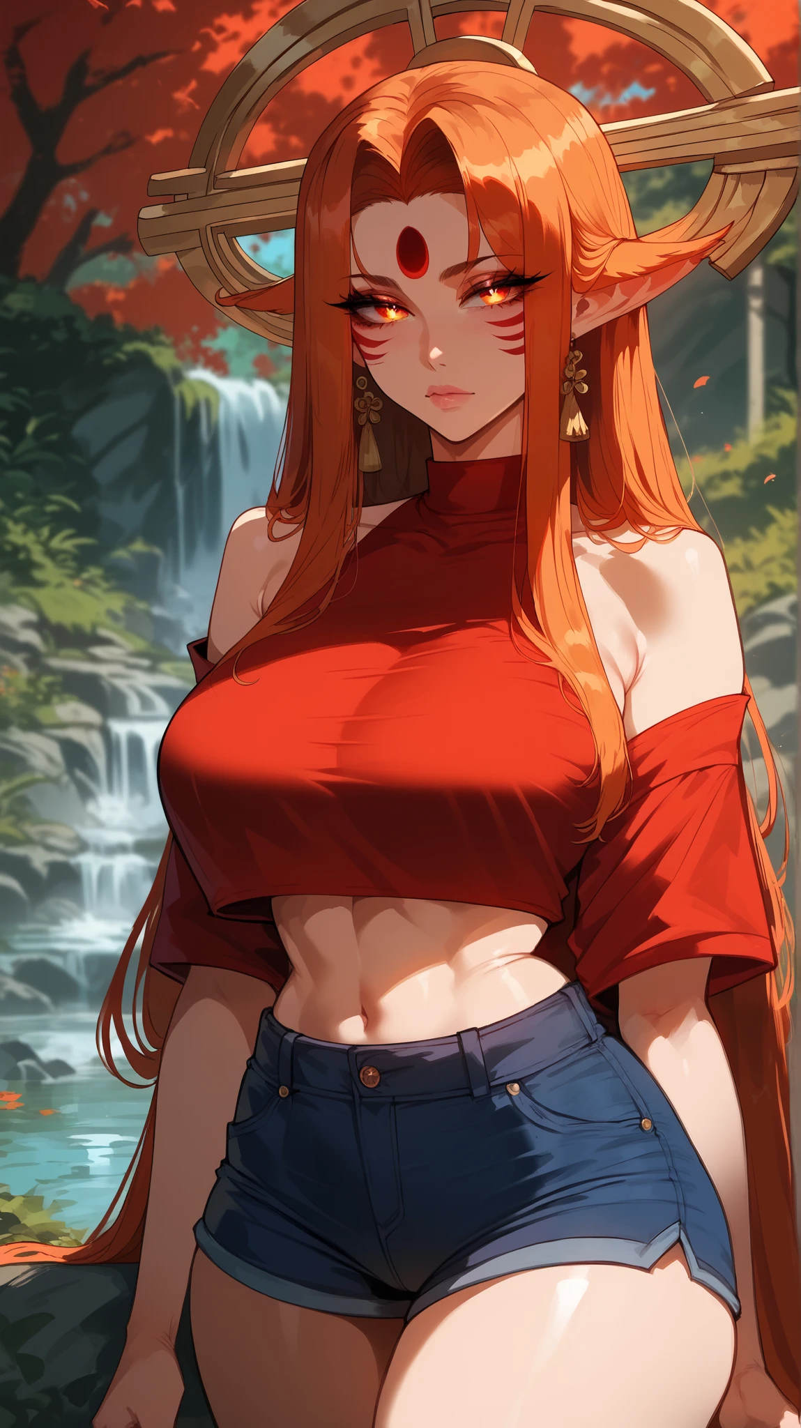nilou (genshin impact), behind the sea, 1girl, background blur, closed mouth, bare arms, accessory, bare sleeves, bare shoulders, red hair, bracelets, necklace, cowboy shot, sideways