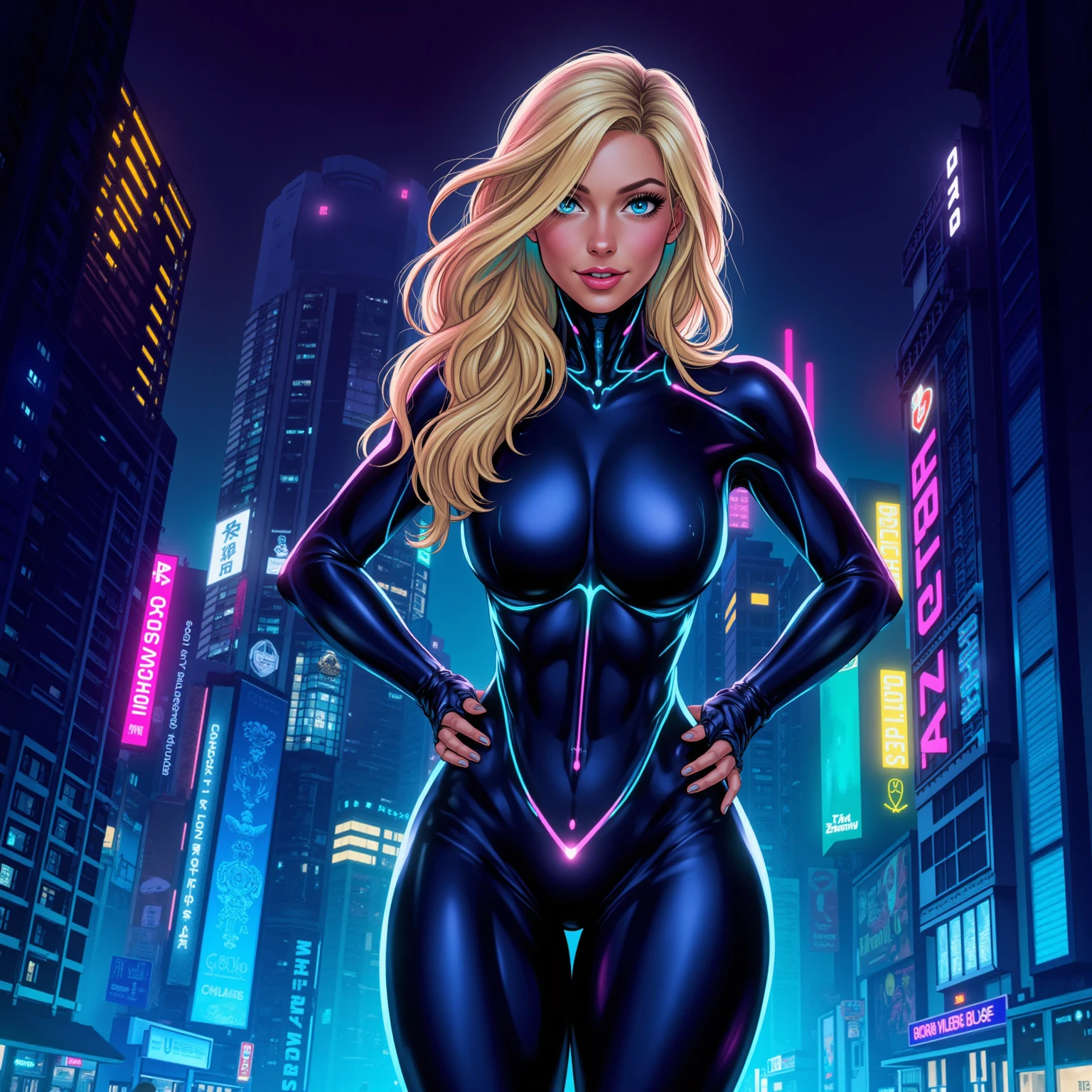 High quality,,retro futurism woman,fashion style,blonde long hair, beautiful face,long eyelashes,tight shine látex suit, minimum waist