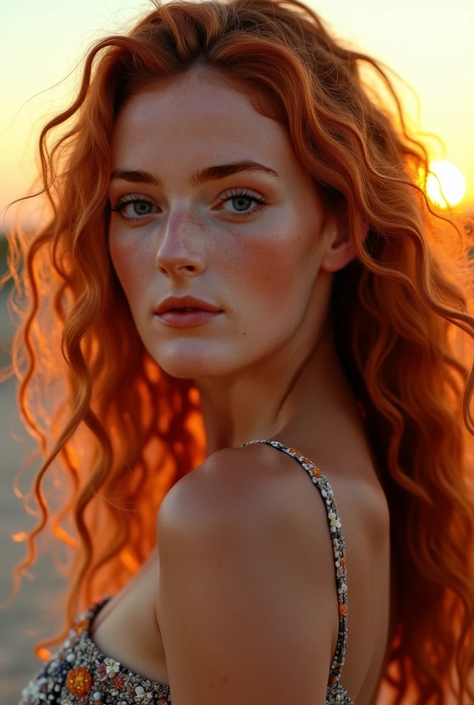 Create a detailed and expressive painting of a woman with long, flowing red hair in a close-up view. The woman should be centered in the image with her head slightly tilted back, eyes closed, and a serene expression on her face. Her face should be looking at camara. Her shoulders should be visible, while the rest of her body remains outside the frame. The background should feature a fiery halo surrounding her head, composed of vibrant orange and yellow tones that create an intense, radiant effect in a black background. The hair should blend seamlessly with the halo, giving a sense of movement and energy. Use dramatic lighting to highlight the woman's face and hair, creating a strong contrast with the fiery background. The artistic style should focus on intricate details and ethereal elements, ensuring that the overall composition feels divine and otherworldly. Maintain the warmth of the colors and the fine textures to replicate the provided image closely, allowing the figure to be replaceable with another while preserving the background and overall style.