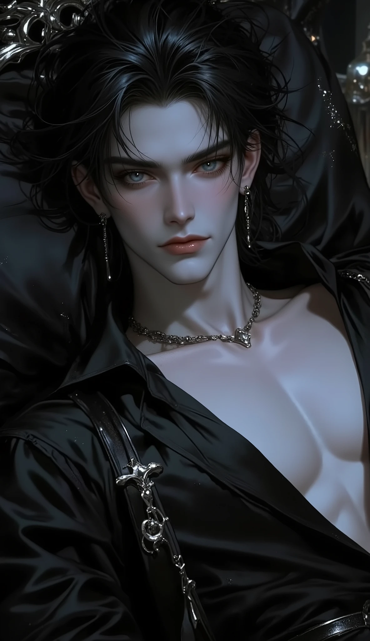 ( masterpiece:1.9, perfect details :1.9, High quality, 8k wallpaper, good complete anatomy:1.9, Perfect face:1.9), (1 man, A handsome man with pale skin ), (Dirty and disheveled moths-black, daring long hair , glowing bright gray eyes , mystical and ominous gaze ), ( without body clothes ), ( is lying on a majestic dark bed , radiating a high-status aura ), ( Calm and confident expression , piercing look , directed directly at the viewer , creates tension and mystery ), ( high contrast , Elegant style , sharp features , semi-realistic ). , full length style , not portraiture , has a beautiful build .