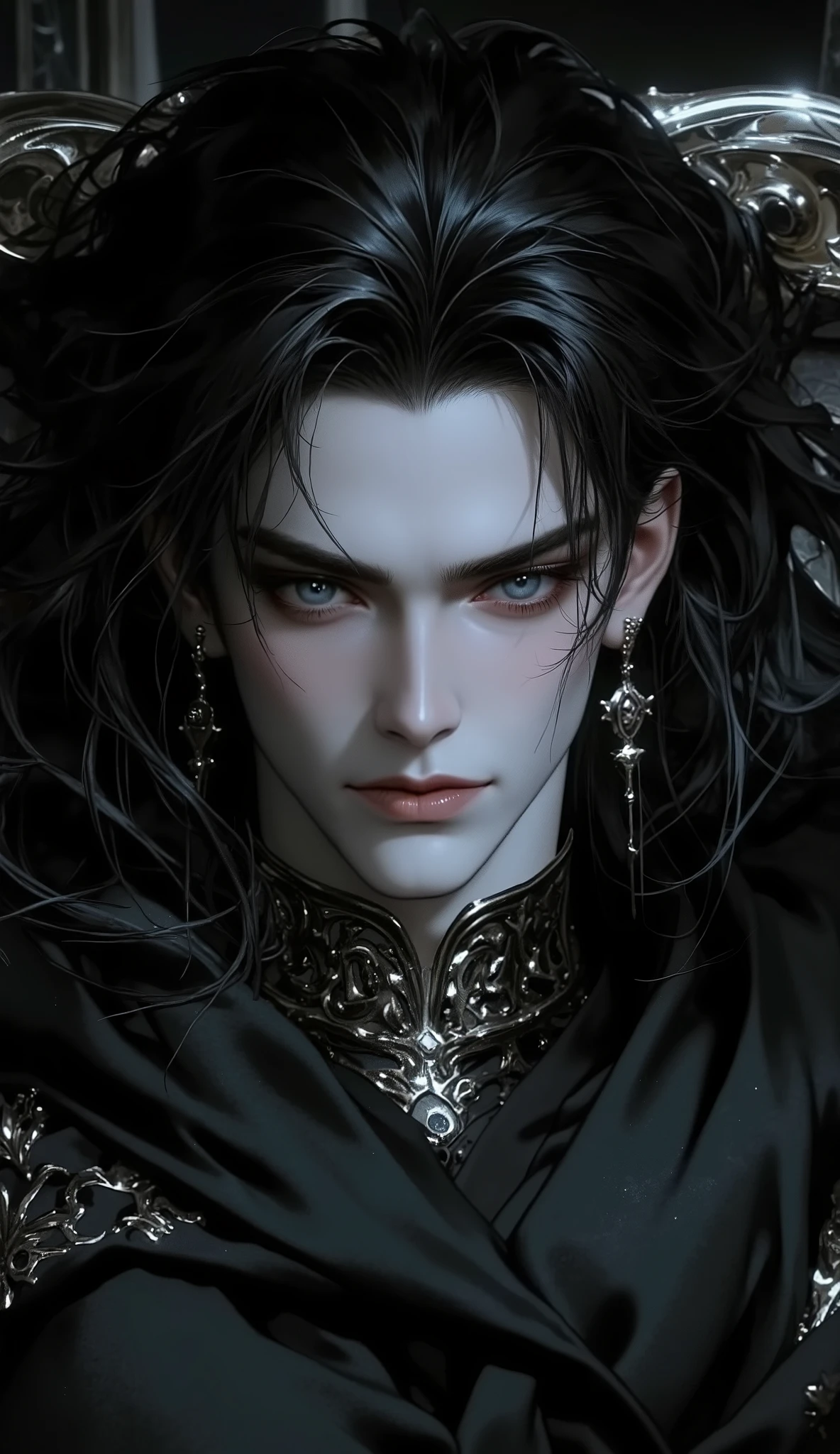 ( masterpiece:, perfect details :, High quality, 8k wallpaper, good complete anatomy:1.9, Perfect face:1.9), (1 man, A handsome man with pale skin ), (Dirty and disheveled moths-black, daring very long hair , glowing bright gray eyes , mystical and ominous gaze ), ( without body clothes ), ( is lying on a majestic dark bed , radiating a high-status aura ), ( Calm and confident expression , piercing look , directed directly at the viewer , creates tension and mystery ), ( high contrast , Elegant style , sharp features , semi-realistic ). , full length style , not portraiture , has a beautiful build .