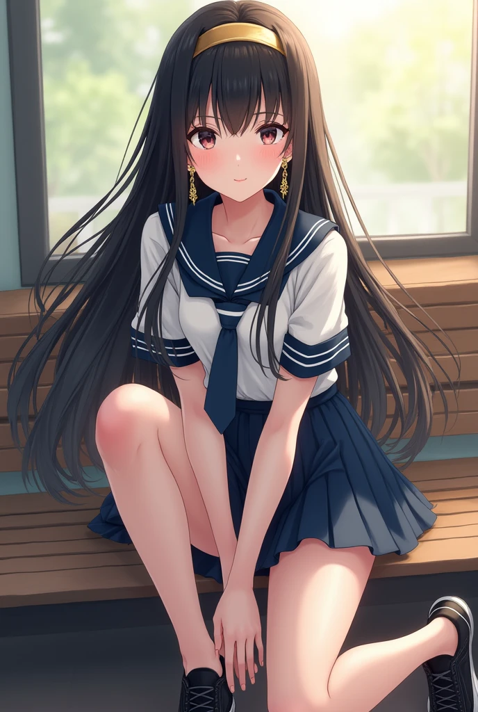 Create an image of a sitting girl, sailor suit, classroom, The image should capture the essence of summer, The girl should be in a typical summer pose, with a high-contrast effect and a subtle glow. The upper part of the screen should have a darker tone, gradually transitioning into a brighter tone towards the bottom.