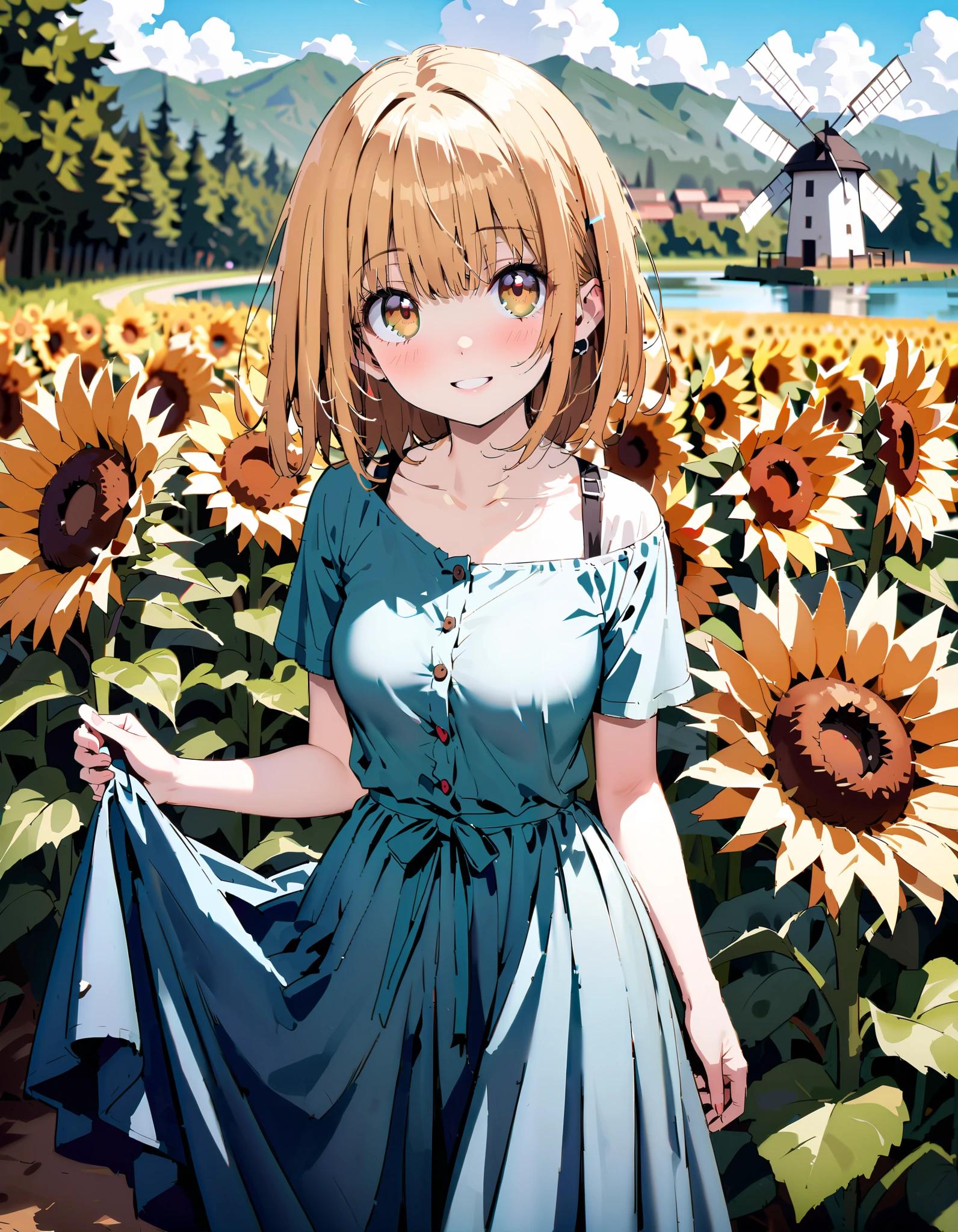 It's so dizzying, Mahiru Shiina,Alone, bangs, blonde hair, Hair, with red eyes,smile,blush, open their mouths, half up, straw hat,Medium breast, Off Shoulder Dress,Short sleeve, long skirt , Heeled Sandals, standing,whole bodyがイラストに入るように,
break looking at viewer,whole body,
break outdoors, Sunflower field, Compa,Large Lake,windmill,
break (masterpiece:1.2), top quality , kampala,unity 8k 壁紙,(shape:0.8),( fine, beautiful eyes :1.6),It's a person ,whole body写真,CG Details , ( perfect hand, complete anatomy),