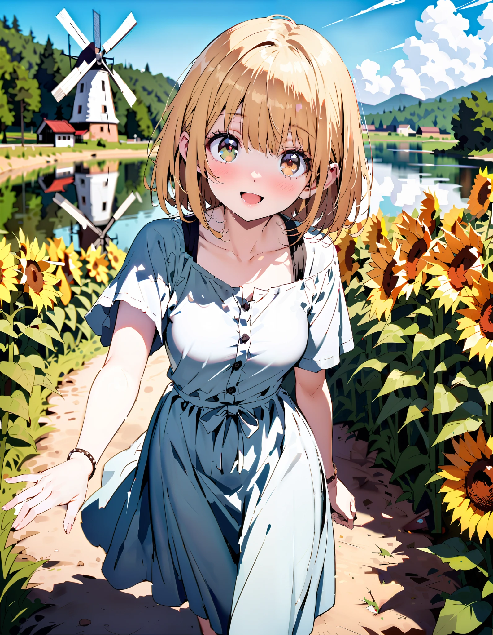 It's so dizzying, Mahiru Shiina,Alone, bangs, blonde hair, Hair, with red eyes,smile,blush, open their mouths, half up, straw hat,Medium breast, Off Shoulder Dress,Short sleeve, long skirt , Heeled Sandals, standing,whole bodyがイラストに入るように,
break looking at viewer,whole body,
break outdoors, Sunflower field, Compa,Large Lake,windmill,
break (masterpiece:1.2), top quality , kampala,unity 8k 壁紙,(shape:0.8),( fine, beautiful eyes :1.6),It's a person ,whole body写真,CG Details , ( perfect hand, complete anatomy),