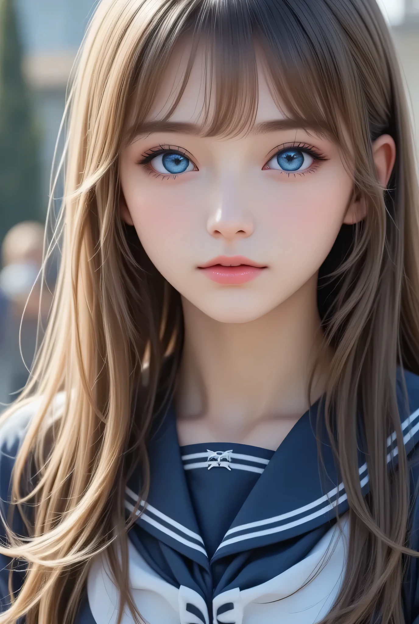 (super cute young face),
sparkling clear eyes,
(japanese idol face:1),
very beautiful cute girl,
navy blue sailor high school uniforms,
(beautiful pleated skirt:1,5),
professional photogragh,
body shot