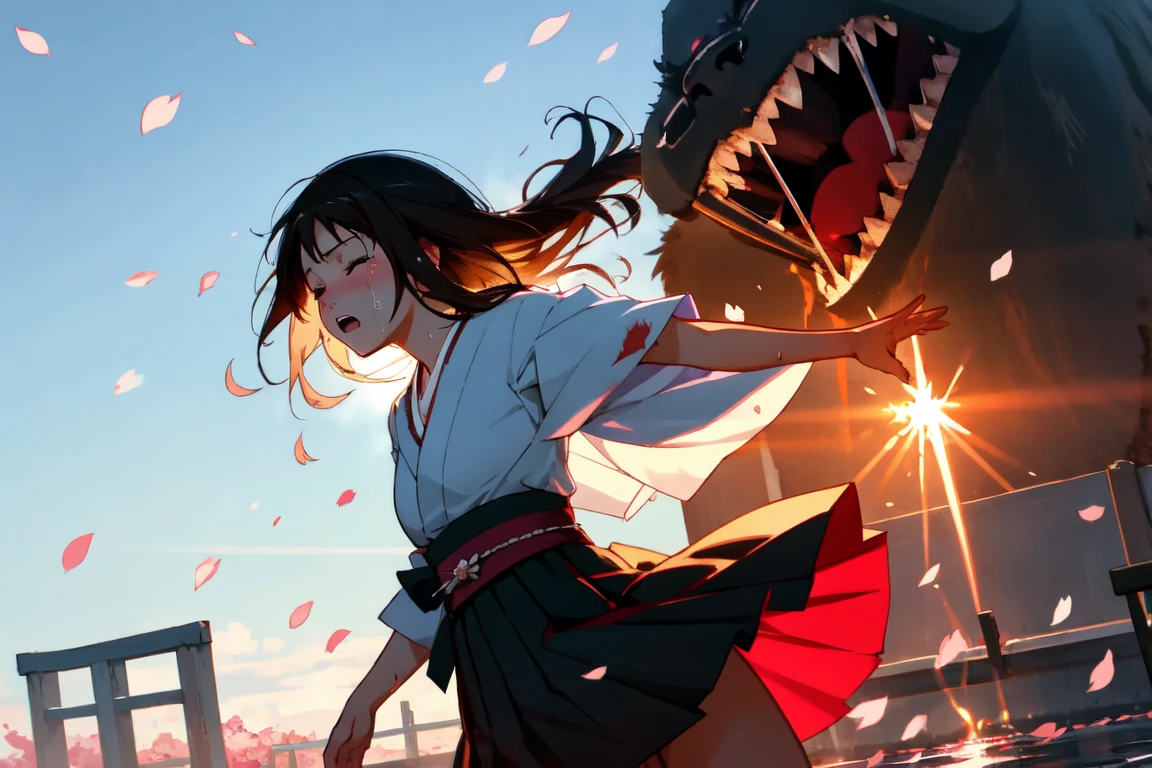portrait,upper body、(A woman fighting countless monsters),((masterpiece,Highest quality:1.3,best quality illustration)), solo,1woman,(Mature Japan beauties)、black hair,(low ponytail hair style),long hair,blunt bangs,black eyes,gorgeous eyes,((very small head:1.3)),blush,happy expression,((very long body:1.2)),medium breasts,(tan skin), (gleaming skin,toned body,slender body, skinny),(Female Ninja Costume、A simple, patternless black kimono、、Black Skirt、Side slits,Holding a precisely rendered Japanese sword),smile,