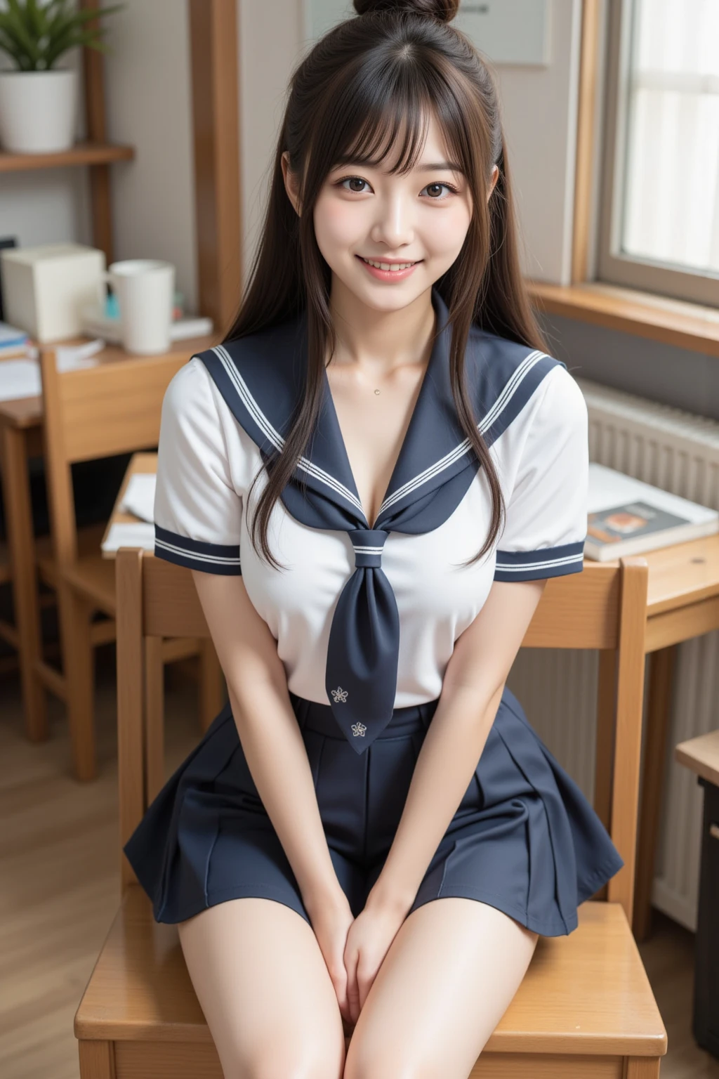 (masterpiece, extremely detailed 8k raw photo, sharp line:1.1), one japanese girl, official art, full body, colorful, beautiful eyes, light brown hair, (detailed high school sailor uniform, navy blue pleated skirt:1.2), (upskirt, skirt lift:1.2), dark brown eyes, cute, kawaii, ecchi, sexy, big, cameltoe:1.3, nose blush, natural skin, wet and see-through, no bra, small hard Nipple erection:1.4, Through nipple, looking at viewer, shy, Cleavage, gravure:1.1, skirt lift:1.2, Anatomically correct:1.2, Anatomically correct hand:1.3, (medium hair:1.2), smile, Idol photo album, class room:1.2,