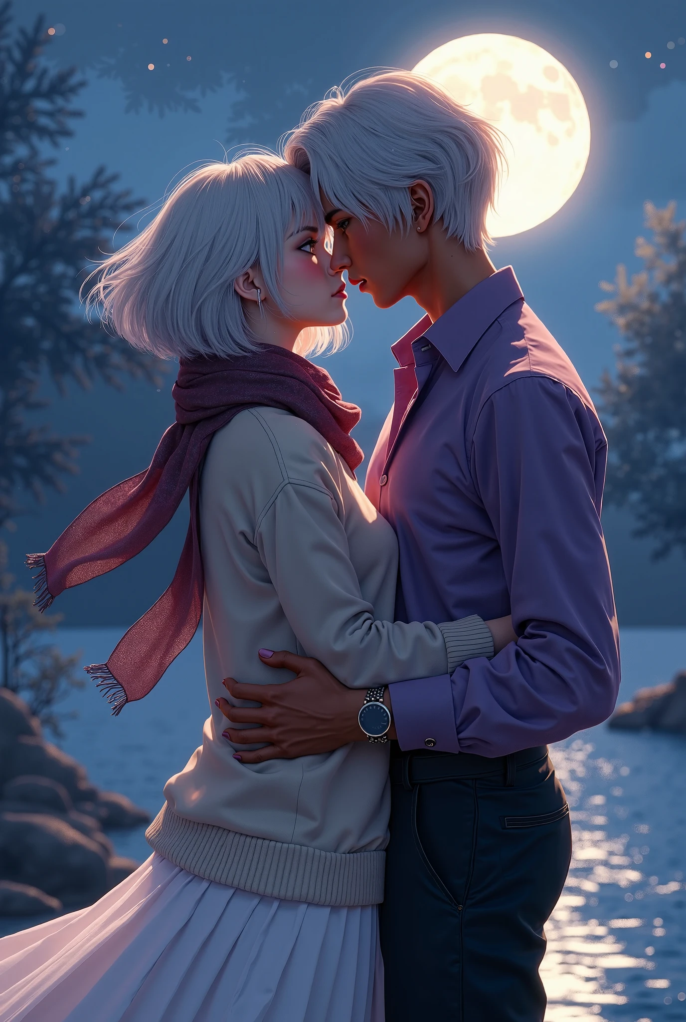 Girl white hair white knee socks kissing