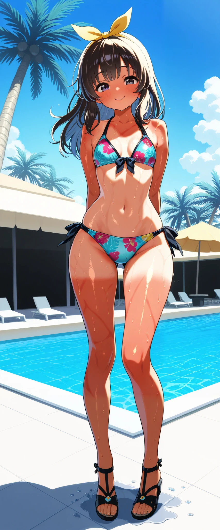 (Masterpiece), top quality, , Perfect face, 1 girl,dawn,, small breasts, wide hips, thin waist, (), Multi Colored Bikinis , sexy bikini , With ribbon,Patterned Swimsuit , salon, Heeled Sandals, good_feet, blanking,smile,Swimsuit model, standing, feetを開いて, wet, wet body, was excited,I'm posing for the camera, beach resort , pool party , poolside, coming out of the pool , palm trees, cowboy shooting, sunburn marks, take off my clothes
