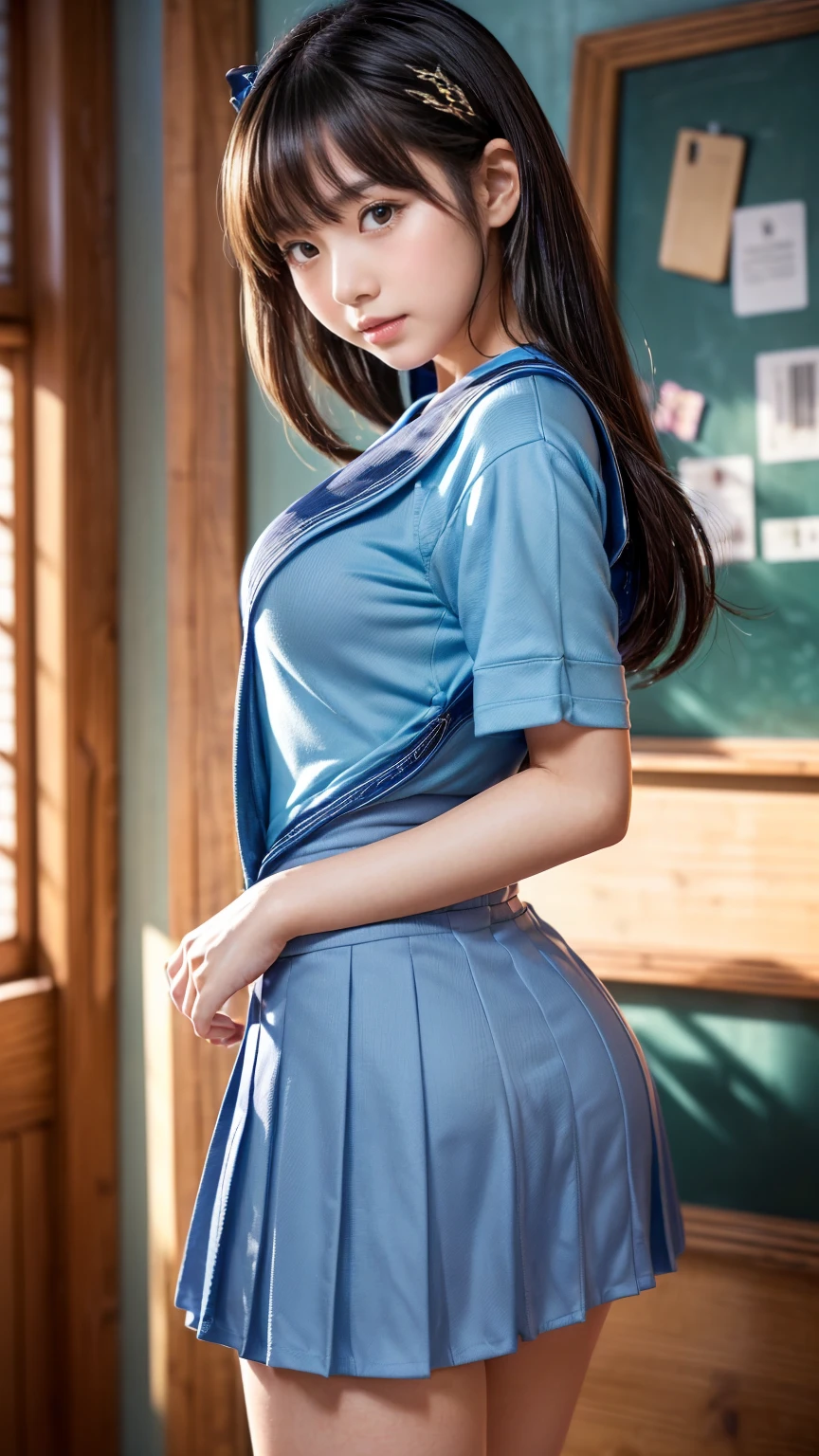mix4, (16 K, Raw photography, Top image quality, masterpiece: 1.45), (realisitic, Photorealsitic: 1.37), one girls, 7.5, etc、Random hairstyle、Standing figure,Daytime、a very cute,Inside the school building,, profetional lighting, photon maping、physically-based renderingt, Gradient dark brown hair,Crisp backgrounds and high resolution, a handsome, Well-groomed and beautiful eyes、Large double eyelids、Very shiny、girl with, (((student clothes、Winter clothes、Sailor suit worn by Japan schoolgirl、Navy blue sailor color、scarf、a miniskirt, Small beret、high socks、lowfers、Frugal bag))), Top Quality Photos, hight resolution, 1080p, (clearface), (Detailed face description), (Detailed hand description), (masterpiece), (Exquisite CG)、extreme light and shadows、dishevled hair、master work、abundant detail、(Fine facial features)、(top quality photo)、(masuter piece)、(A detailed eye)、Look in front of you、Fine clavicle、((Slender big))、(((Japan schoolgirl in sailor suit)))、((Idle system))、((school classrooms、chalk board、desk and chair、Window side))、(((neat and cute)))、耳Nipple Ring、A big smile、Drawing the whole body from the knees、Do not draw nasolabial folds、(((Long sleeve sailor suit)))、(Big breasts that hang down big:1.2)、Big buttocks with tension、Two arms and two legs、(((from the front side:0.3)))、bare hand、No mask、No skin exposure