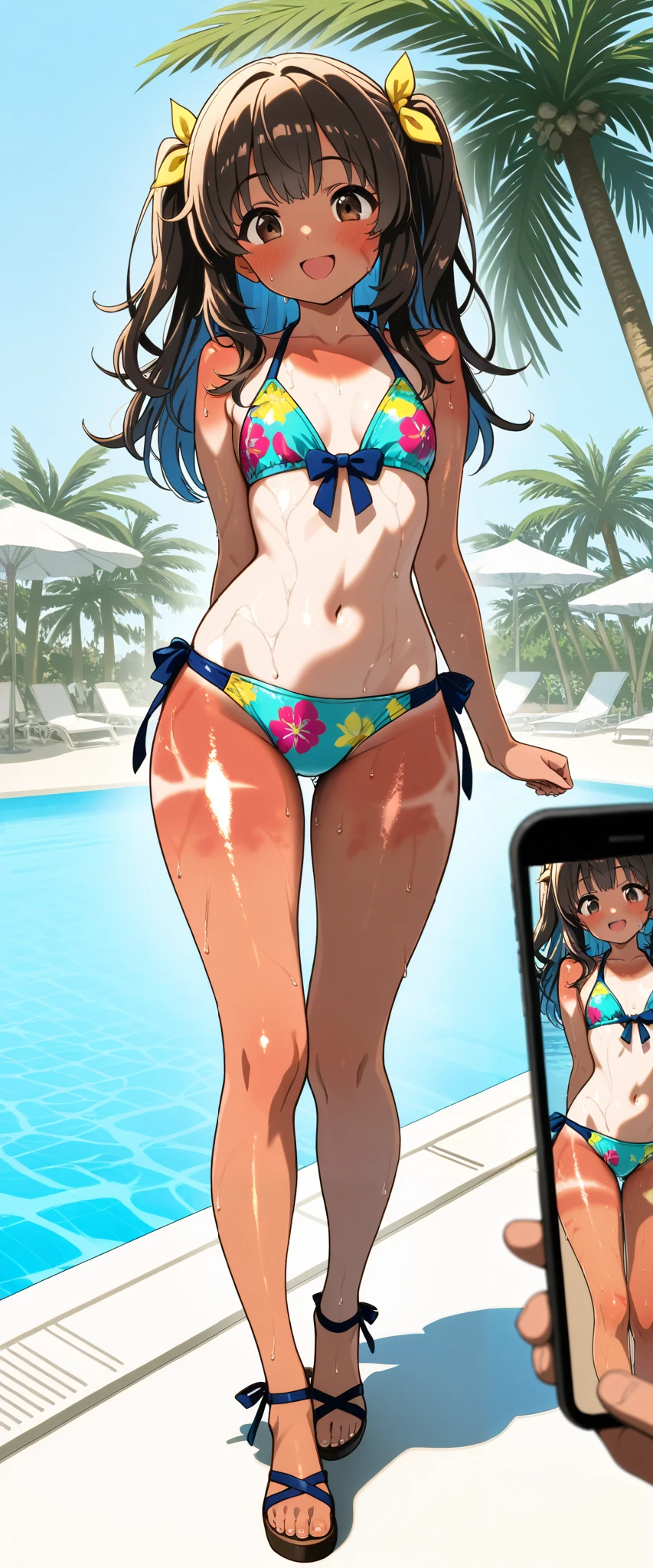 (Masterpiece), top quality, , Perfect face, 1 girl,dawn,, small breasts, wide hips, thin waist, (), Multi Colored Bikinis , sexy bikini , With ribbon,Patterned Swimsuit , salon, Heeled Sandals, good_feet, blanking,smile,Swimsuit model, standing, feetを開いて, wet, wet body, was excited,I'm posing for the camera, beach resort , pool party , poolside, coming out of the pool , palm trees, cowboy shooting, sunburn marks