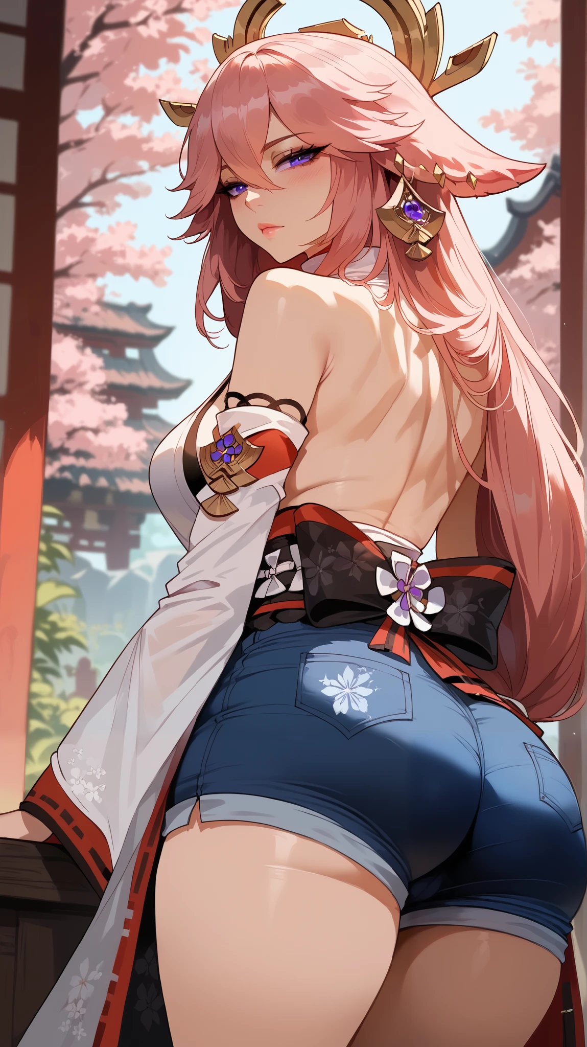 (masterpiece, Best quality:1.2), Pink hair, One, 1 Girl, yes, Miko, smile, I look at the viewer, hair ornament, Japanese clothesYes, side tit, cut off sleeves, Wide sleeves, JEWELRY, Earrings, bare shoulders, cherry blossom trees, ass