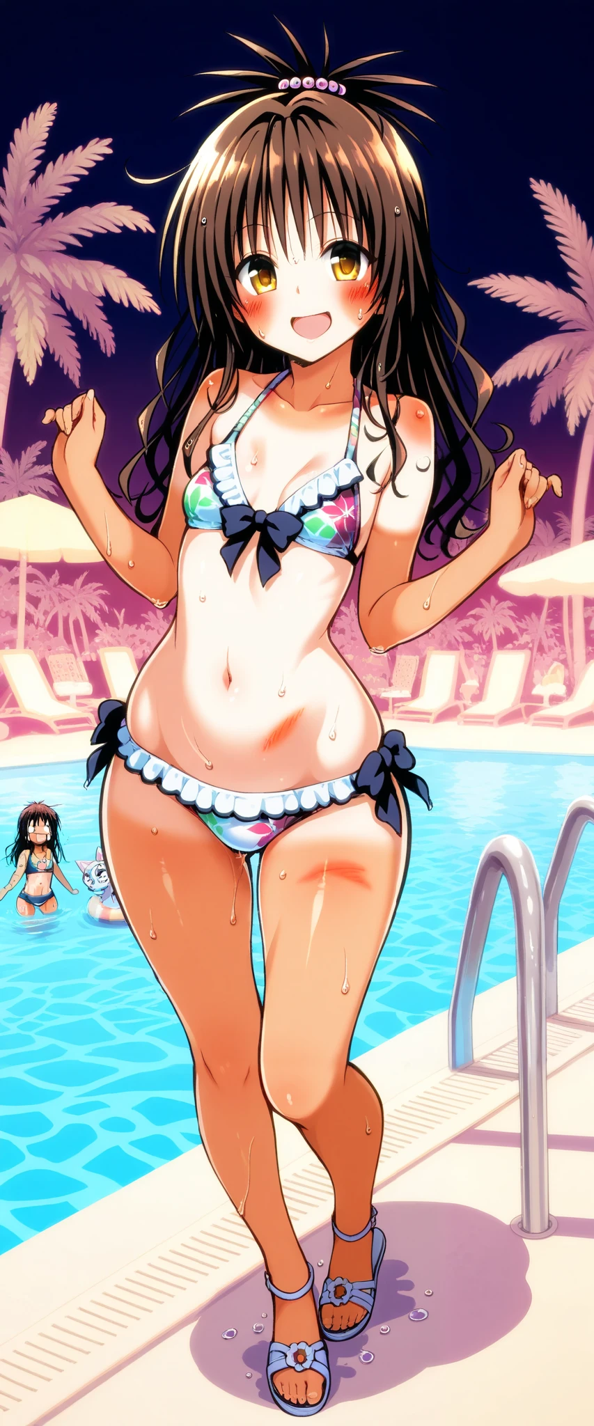 (Masterpiece), top quality, , Perfect face, 1 girl,dawn,, small breasts, wide hips, thin waist, (), Multi Colored Bikinis , sexy bikini , With ribbon,Patterned Swimsuit , salon, Heeled Sandals, good_feet, blanking,smile,Swimsuit model, standing, feetを開いて, wet, wet body, was excited,I'm posing for the camera, beach resort , pool party , poolside, coming out of the pool , palm trees, cowboy shooting, sunburn marks,Yuuki Mikan