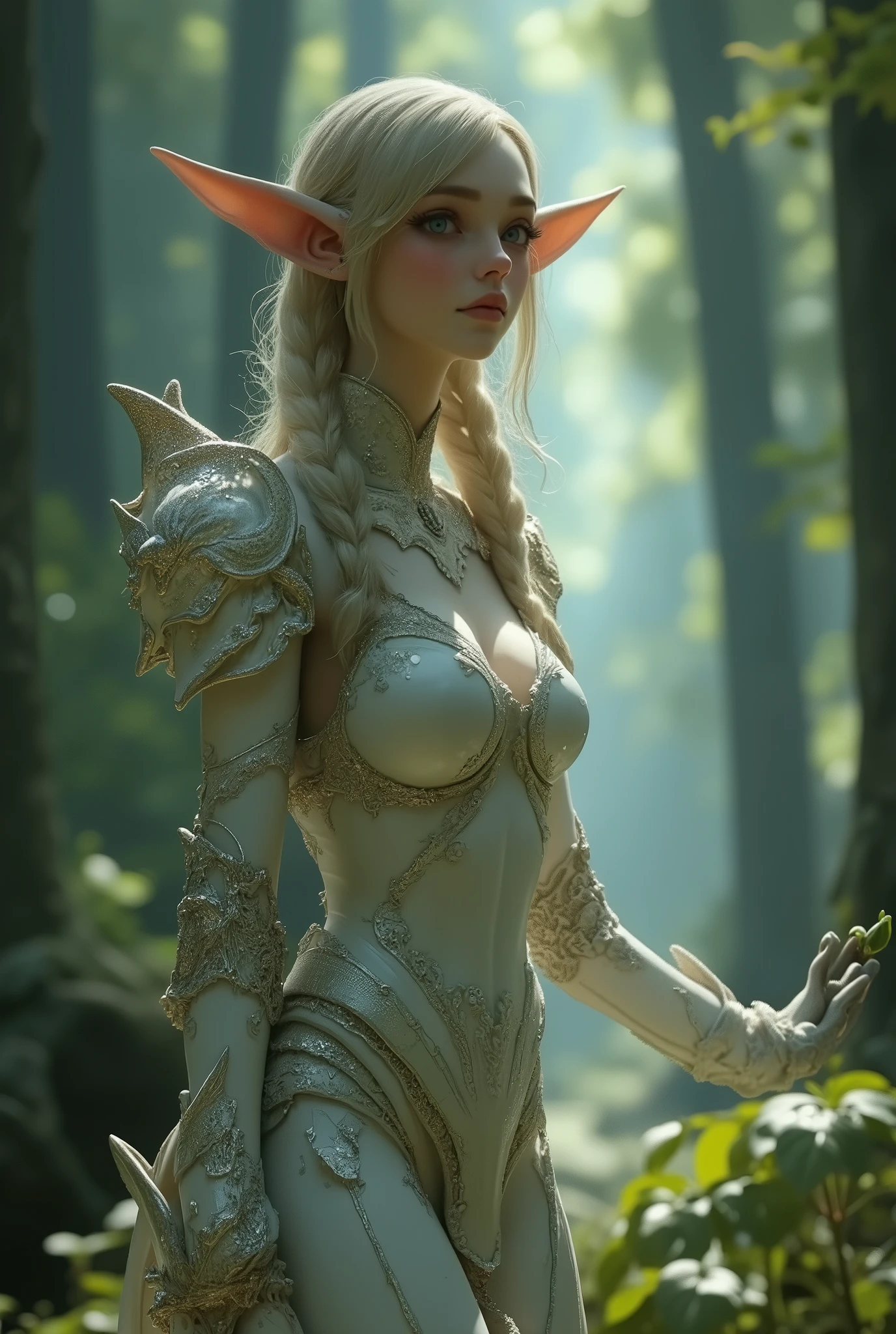 ((Extremely detailed)),(Extremely detailed),(), Chiaroscuro, Extremely detailed CG unity 8k wallpaper, Gwendolyn, Hip feathers, Holding lever arm, Off-shoulder dress, crown, Separate sleeves, Necklace, Armor over the knee boots, Feather bun, Future-proof, Looking at the audience, White background, Vulnerabilities, Butterfly, Grass, Hydrangea, leaf, mushroom, nature, plant, apple, Look away, look up, from above,