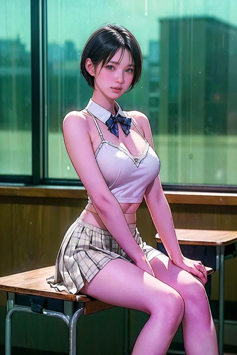 High resolution、high resolution、in 8K、RAW Photosgraphy、Highest quality、masterpiece、Tabletop、erotic、student、Light green Bra,White skin,knees,(Skin-colored pantyhose),Detailed Panty Pattern、Panty Focus、Pink panties、absurdists,Small Face、Big Breasts、Part the front hair from the middle、The forehead is visible,(Cold look<Squinting my eyes,Glare,strong,Light anger)、masterpiece,Highest quality、超High resolution,RAW Photos,Only,Beautiful poop,one person, solo,Dark look,Small breasts,whole body、very nice、ＪＫ ,high school girl,Japanese women,standing,（Photorealistic：1.37）、Photon Mapping,Light blue ribbon,Realistic、Cute Face,Brown eye、Black socks、22 years old、(Red bow tie)、Radio City、Physics-based only dulling、prospect、Depth of written boundary、Blurred Background、picture,Girls、body,Beautiful feet, Long legs, Thin legs,Long Bob Cut,(I can see the front hair), hair, Lips, green_eye, Nose Soft,(Light blue shirt), (Navy Pleated Skirt), I can see the knees,See-through clothing,, thigh, black cotton socks,Nogizaka Idol, , Japanese Ido、Sparkling eyes、Glossy Lips、
