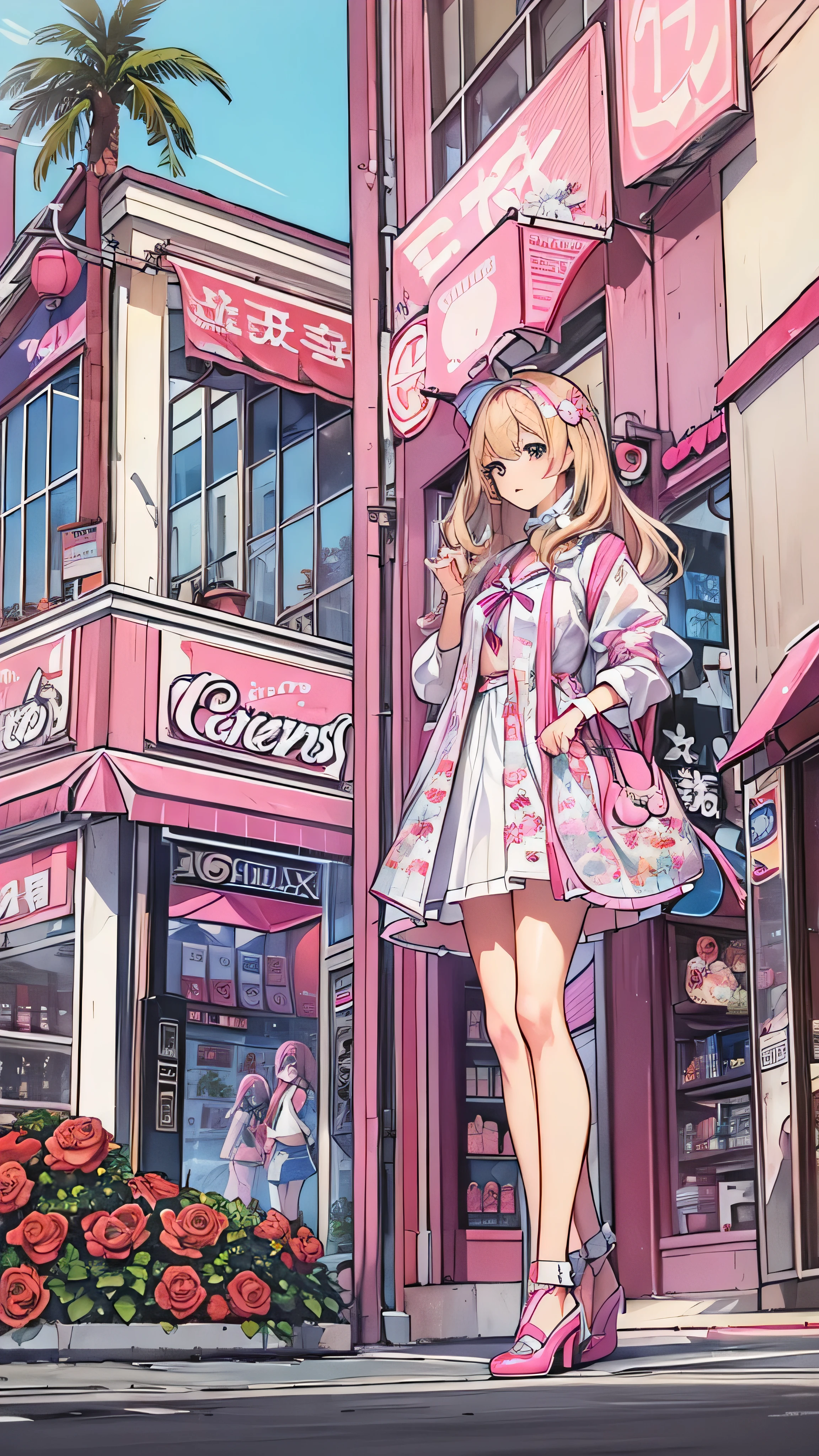 Anime girl in a pink dress and pink shoes walking down a street - SeaArt AI