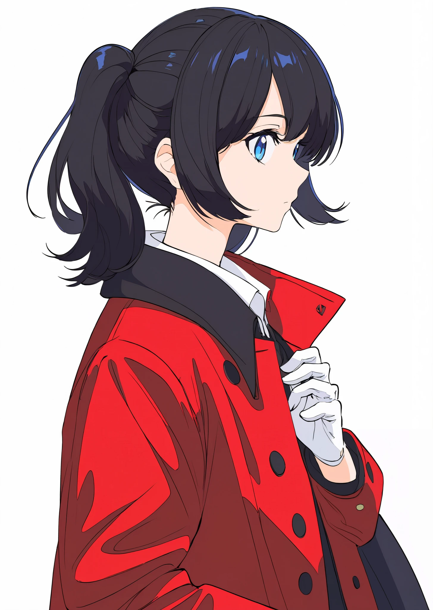 masterpiece, Best Quality ,1 Girl, alone, (纯白background1::5),Drawing style,Half body , blank takes up a large area of a girl, black double ponytail curls, blue eyes,Flat-coated style, dark red short coat ,Western European style,Profile,pure white gloves ,( Black Hair ),Flat-coated style,exist_ Viewer , simple _background, white _background