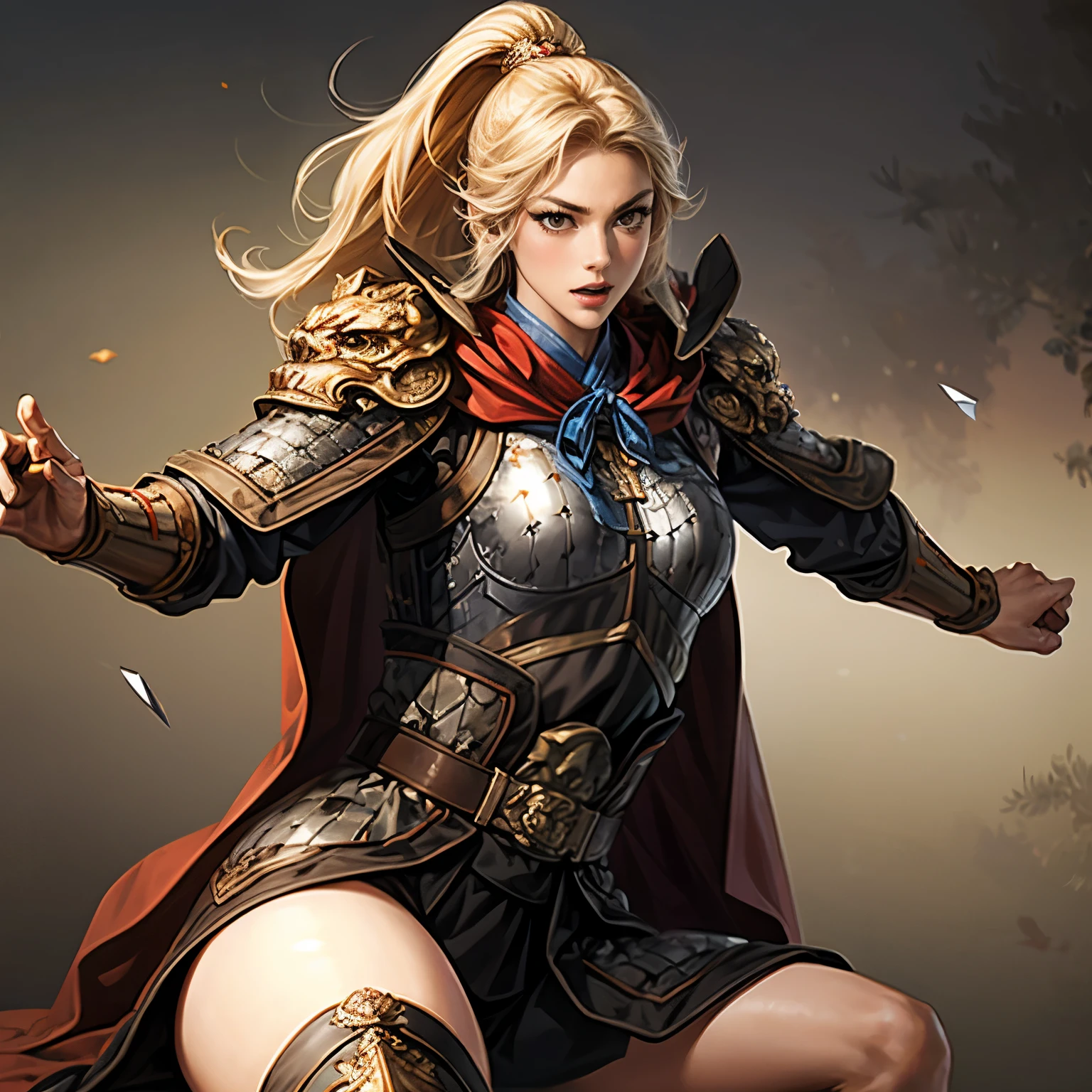 (( creating an image from head to thigh)), Three Kingdoms period painting , Women's solo , A beautiful woman , beautiful face , perfect hand , ( knife은 머리 ), sexy expression , excited expression, Various facial expressions, various positions, standing position, sitting position , Dazzling backgrounds , blurry background , Beautiful armor, Chinese Armor , knife, flying cloak , woman holding armor and cape , person holding a weapon