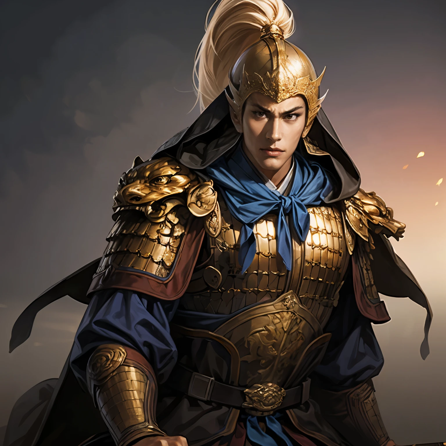 (( creating an image from head to thigh)), Three Kingdoms period painting , Women's solo , A beautiful woman , beautiful face , perfect hand , ( knife은 머리 ), sexy expression , excited expression, Various facial expressions, various positions, standing position, sitting position , Dazzling backgrounds , blurry background , Beautiful armor, Chinese Armor , knife, flying cloak , woman holding armor and cape , person holding a weapon