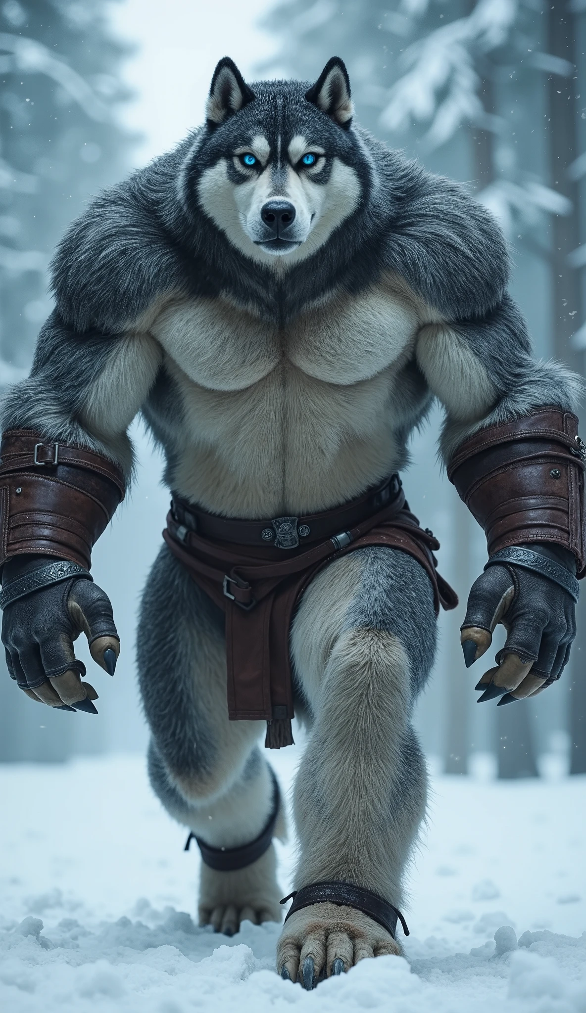 "A massive humanoid hybrid of a human and a husky, walking confidently towards the camera with an enormous, muscular frame and broad, powerful shoulders. Its entire body is covered in thick, dense fur, with shades of gray, white, and black seamlessly blending across its chest, upper body, and lower body, highlighting its overwhelming size and strength. The creature’s piercing blue eyes glow with a fierce, unyielding determination, while its large, muscular arms and chest bulge with raw power. Its muscular legs, covered in fur, give it a commanding, grounded presence. The creature’s broad chest and thick neck exude dominance, as if every step it takes shakes the ground. It wears heavy, rugged leather armor around its arms and legs, with a sturdy belt fastened around its waist. The snow-covered forest background, with heavy snowfall and a dim, overcast sky, intensifies the hybrid’s fierce confidence and colossal strength as it strides forward, radiating power, resilience, and authority."