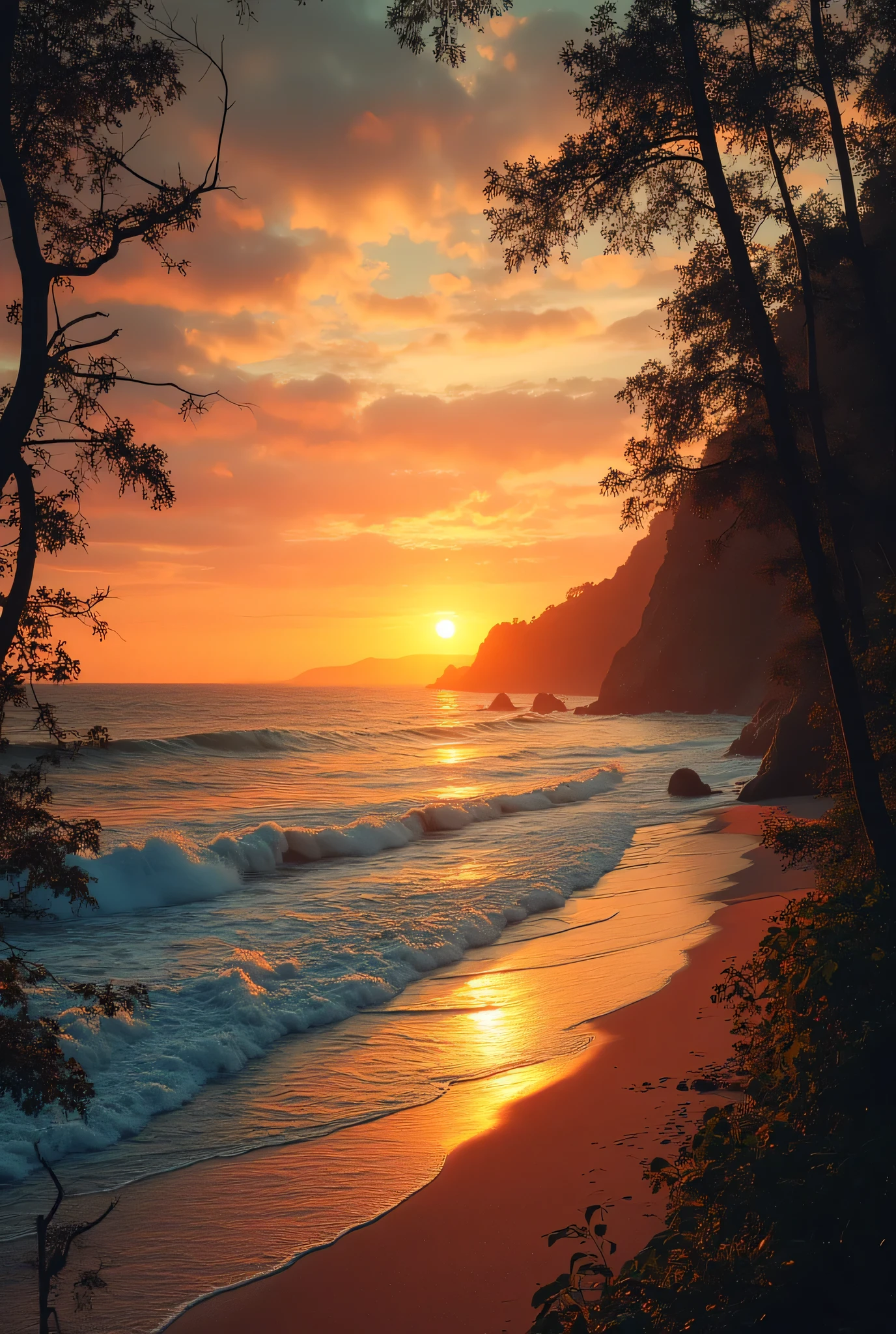pattern Create a video , where you can see the sunset and the waves on the sea,wooded beach