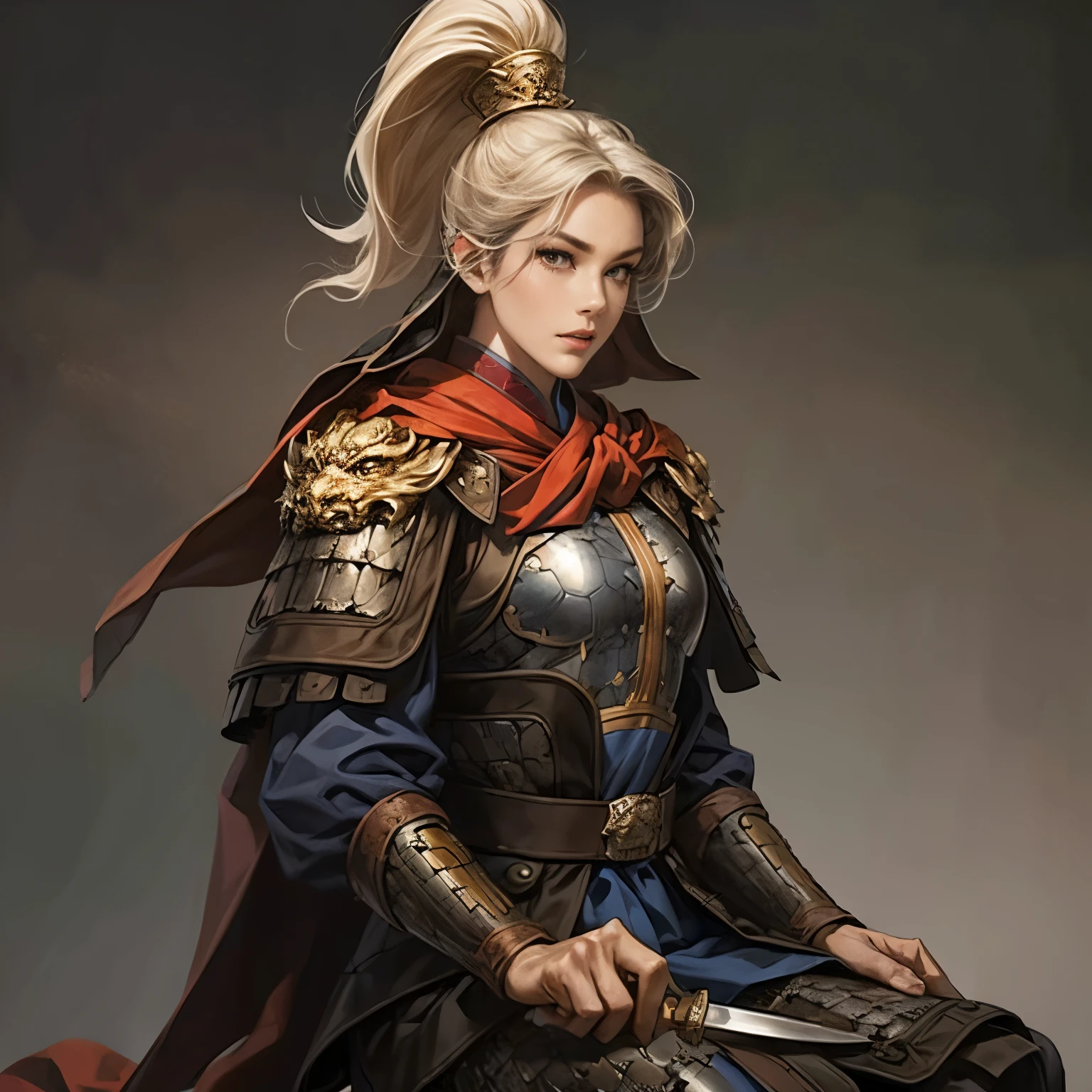 (( creating an image from head to thigh)), Three Kingdoms period painting , Women's solo , A beautiful woman , beautiful face , perfect hand , ( knife은 머리 ), sexy expression , excited expression, Various facial expressions, various positions, standing position, sitting position , Dazzling backgrounds , blurry background , Beautiful armor, Chinese Armor , knife, flying cloak , woman holding armor and cape , person holding a weapon