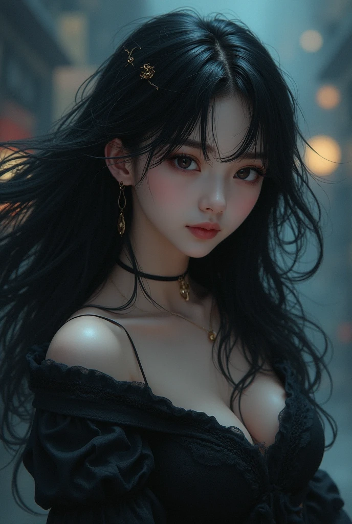 Cleavage, Volumetric lighting、Highly detailed face、One girl、dark、Deep Shadow、Low Key、Cowboy Shot、(Formula Services:1.4)、Hair length、Gray Hair、whole body