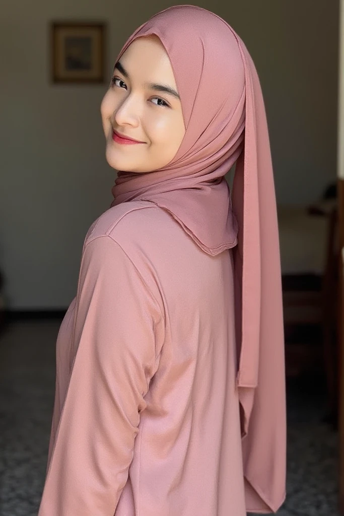 Digital drawing, brenizer effects, splash paint, young woman with smile face, modest breasts, over the shoulder pose, long pastel hijab with printed baju kurung, background digital art graffiti on black wall, ultra details any aspect of drawing, UHD 8K