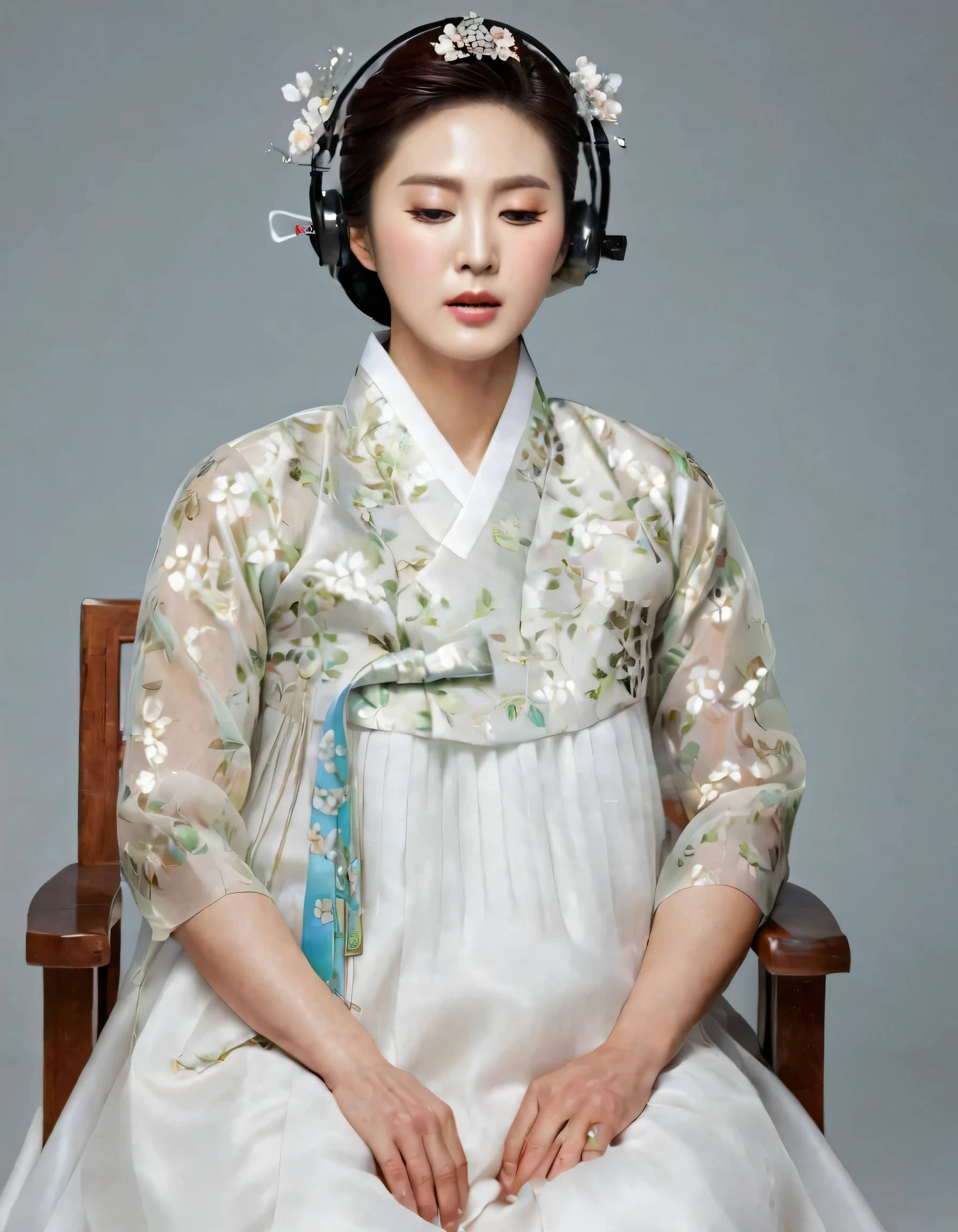 8k, A Korean man had surgery to change his body from male to female, his body is completely female, he has big breasts like a woman, but his face is not changed and still looks like a man, His hair is still manly and short, manly short hair, he is wearing a mother's hanbok dress costume, silk,Mother of the Bride Dress Outfit, white, Floral pattern, sexy, see-through, He sits upright in a special device chair, Being brainwashed, There are several electrical cords and electronic devices plugged into his head, Being brainwashed, brainwashing electronics attached to head, expressionless, eyes closed, unconscious, Full body shot