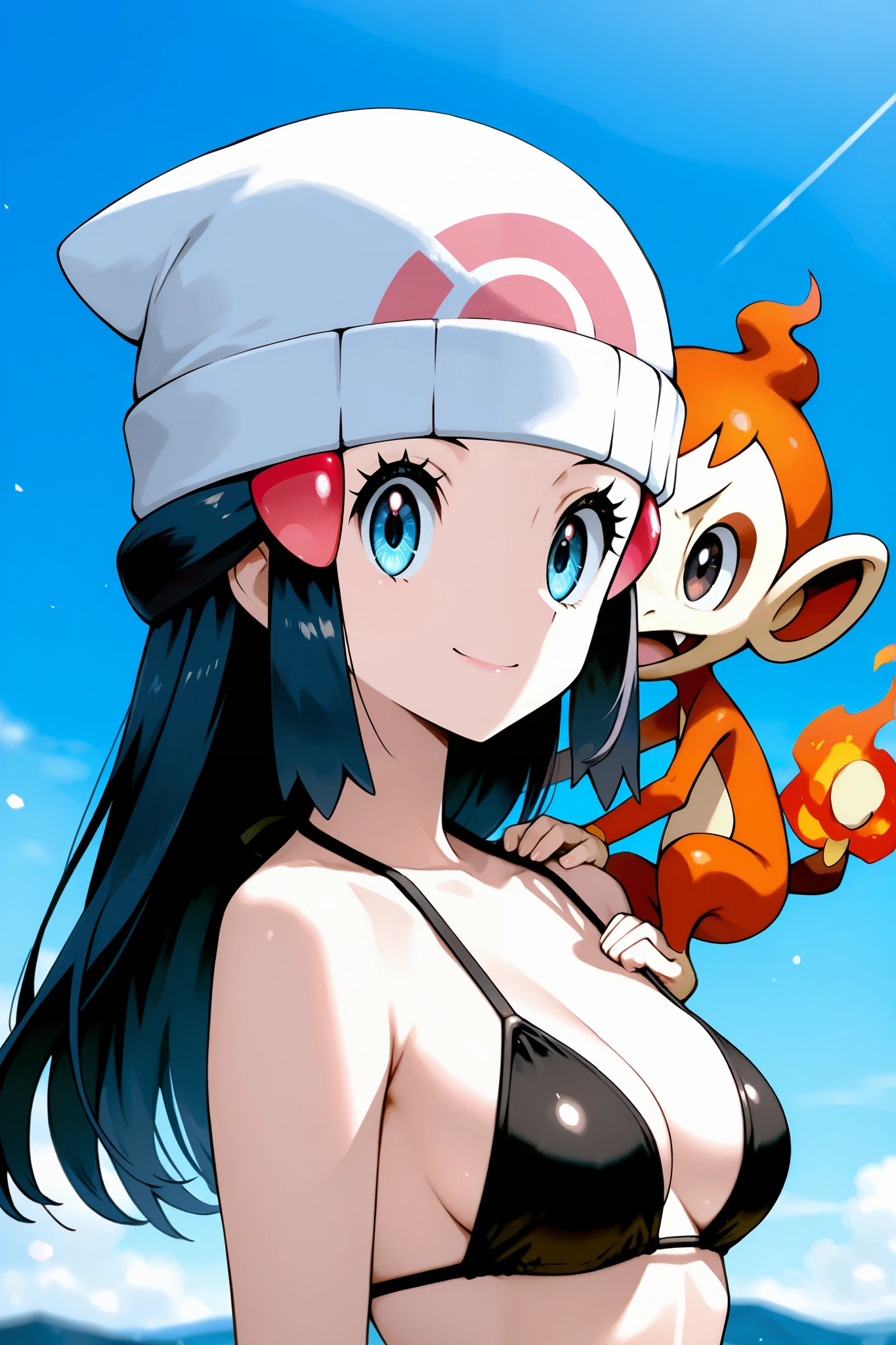 masterpiece, best quality, amazing quality, very aesthetic, absurdres, newest, scenery,highly detailed,high-resolution,close-up portrait,female,woman,dawn/hikari,pokemon diamond pearl,dark-navy hair,long hair,aquamarine eyes,fair skin,glossy texture,pink lips,skimpy bikini,white beanie,simple background,blue background,v sign,one hand,heart,focused subject,sharp focus,medium depth of field,slight smile,looking at viewer,from the side,clean lines,smooth lines,sharp,masterpiece, best quality, amazing quality, very aesthetic, absurdres, newest, scenery, BREAK, eyesHD, detailed eyes, high definition eyes, BREAK, natural small breasts, very skimpy bikini top, BREAK, Chimchars perched on her shoulder, Chimchar is a fire chimp Pokemon from Diamond/Pearl generation,