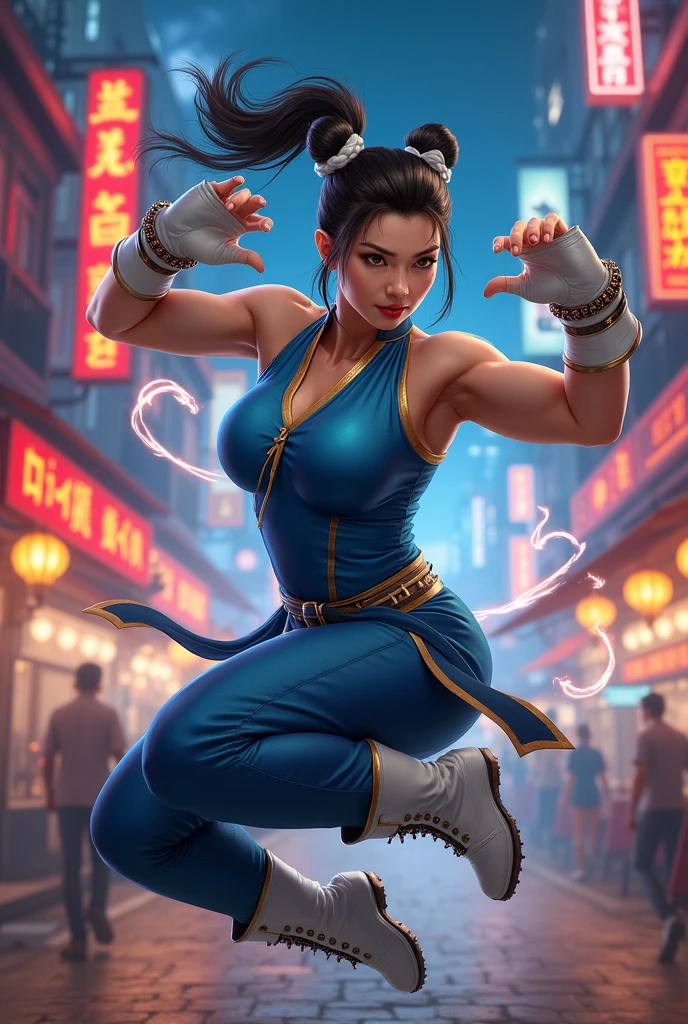In a quiet street of a bustling city, Chun-li stands tall, her strong and graceful figure radiating confidence. She is adorned in her iconic blue qipao with golden accents, representing her status as a capable fighter. Her deep brown eyes sparkle with determination and her lips, highlighted by a touch of red, exude a captivating charm. With her long, flowing hair, meticulously styled in buns, she epitomizes elegance and strength.
The scene is captured in a vivid photograph, showcasing every intricate detail with (best quality, high-res) precision. The composition is enhanced by the use of (studio lighting), illuminating Chun-li's flawless complexion and accentuating her powerful aura. The colors in the image are vibrant and dynamic, blending harmoniously to create a visually stunning effect. The overall tone leans towards an energetic and lively atmosphere, representing her vibrant personality.
As Chun-li stands confidently in the foreground, the bustling cityscape presents itself in the background. Skyscrapers reach up towards the sky, their glass facades reflecting the golden sunlight. The streets are adorned in lively colors, bustling with activity. People pass by, their diverse cultural backgrounds adding to the richness of the scene. The hustle and bustle of the city create a vibrant backdrop for Chun-li, emphasizing her resilience in the face of chaos.
The image is imbued with a touch of (photorealism), showcasing every minute detail of Chun-li's traditional attire and the surrounding cityscape. Each brushstroke, each pixel, is a testament to the (ultra-detailed) craftsmanship behind the artwork. Finely crafted textures and shadows bring depth and realism to the image, further immersing the viewer in this captivating scene.
The lighting in the painting is carefully manipulated to emphasize Chun-li's strong presence. The sunlight casts a warm, gentle glow on her figure, highlighting the intricate folds of her qipao and the contours of her face. Soft shadows